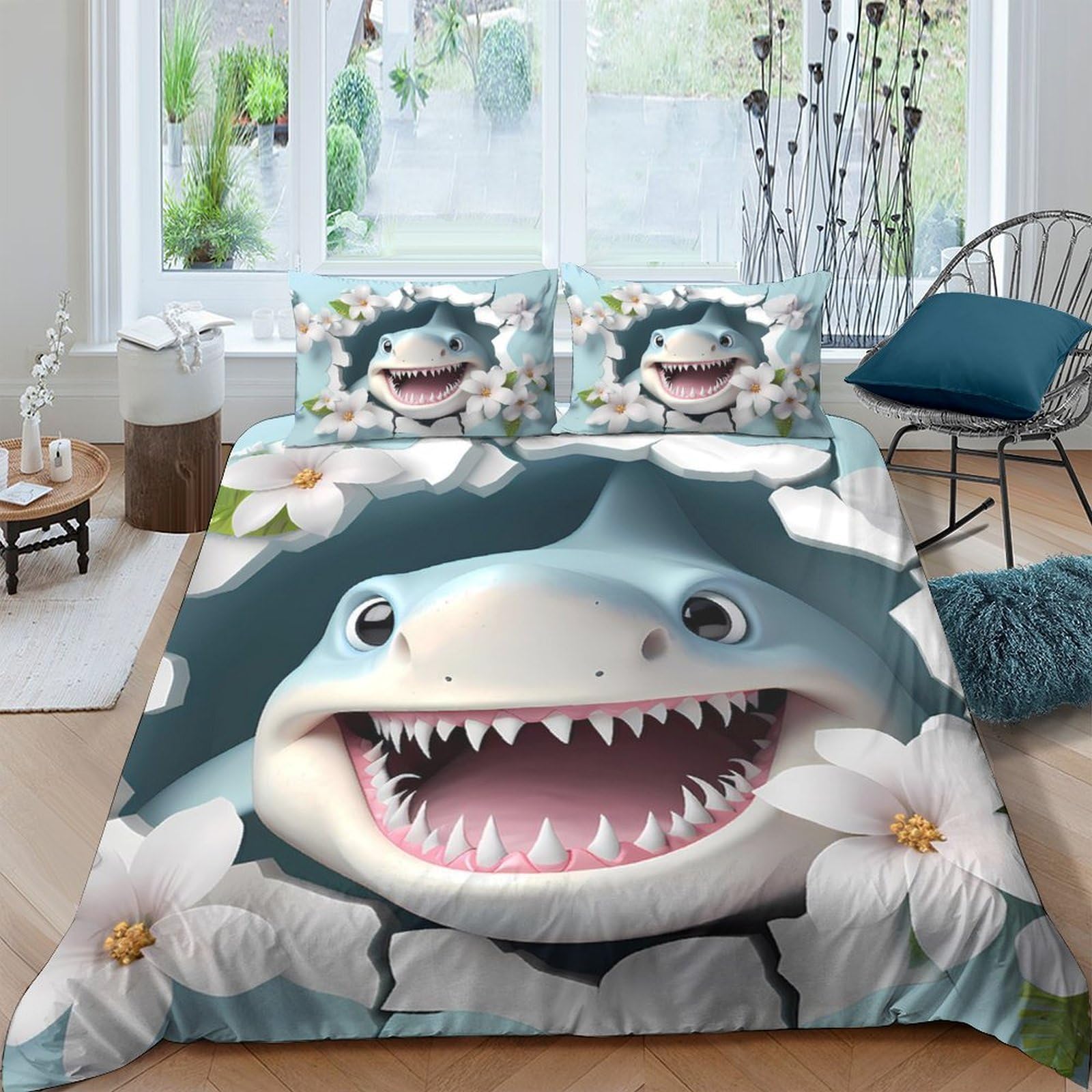 Ctjqhvkz Style-8 3D Printed Shark Ocean Fitted Sheet Microfiber Soft Breathable Wave Bed Cover For Bedroom Guest Room Decor Single（135X200cm）