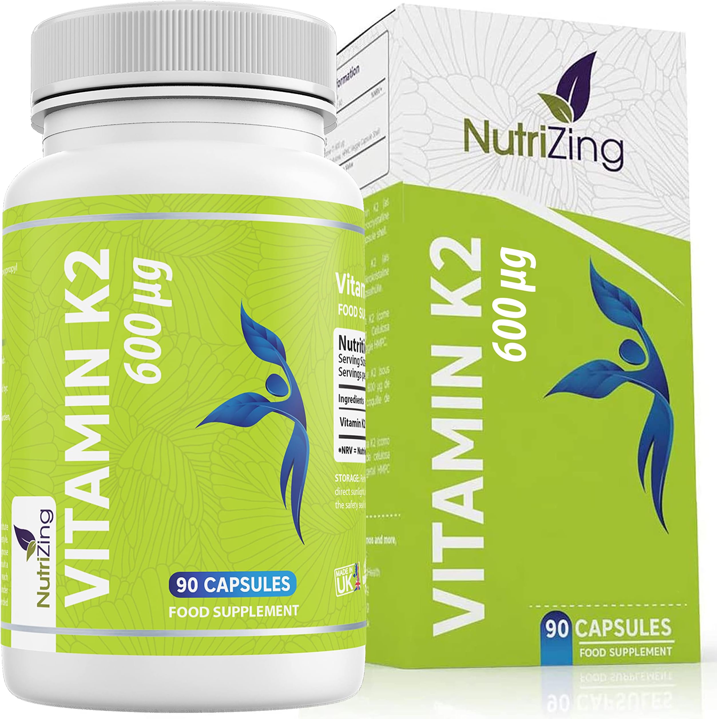 Vitamin K2 MK-7 600mcg by NutriZing - Fermented Natto Based Vegan Vitamin K - 90 Capsules - Supports Maintenance of Normal Bones - Made in UK