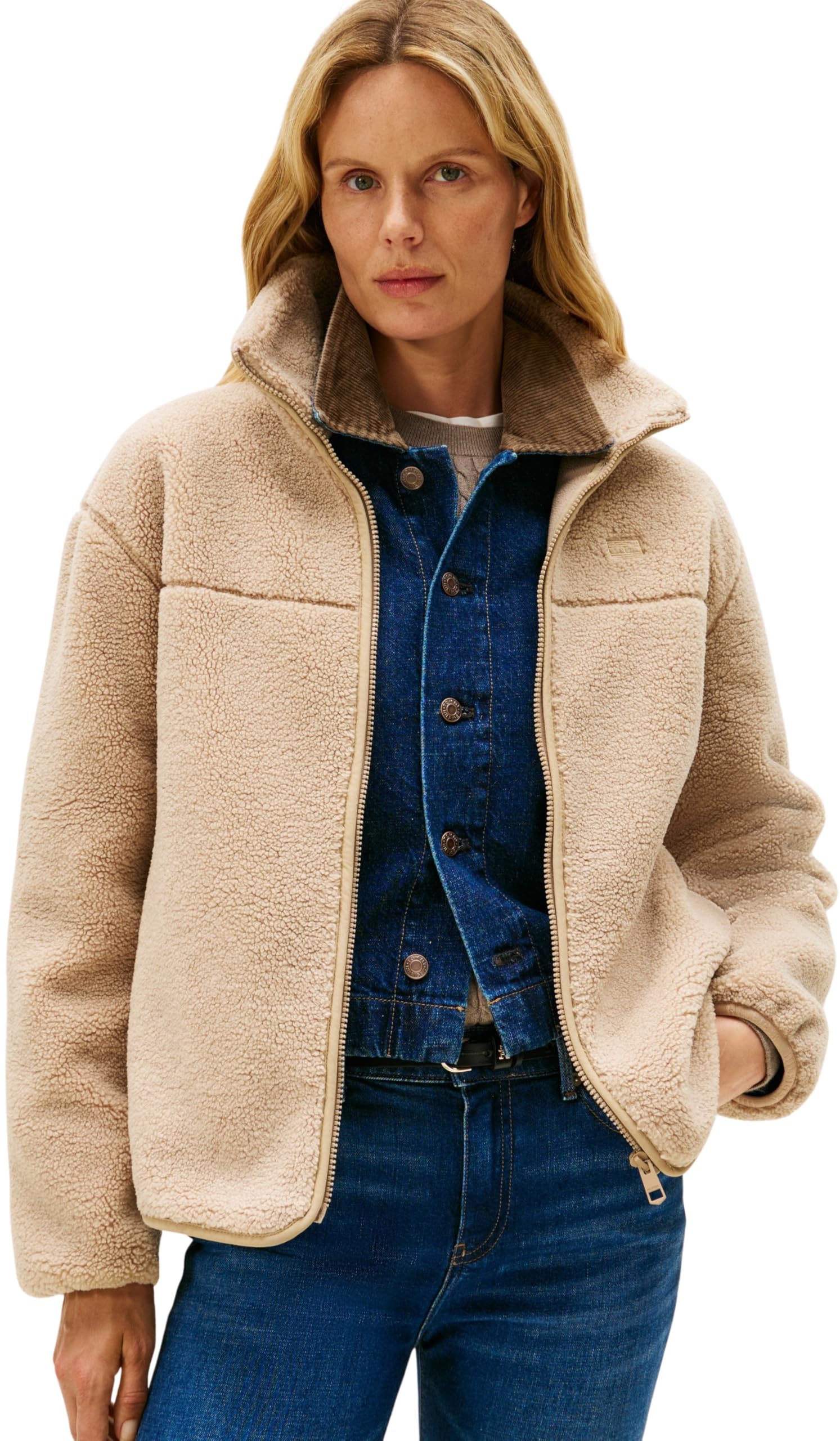 Tommy Hilfiger Women’s Zip Up Teddy Fleece with Stand Collar, Beige (Beige), XXXL