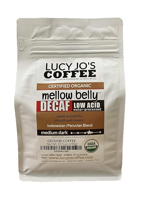 Lucy Jo's Coffee, Organic Decaf Mellow Belly Low Acid Blend, Medium Dark, 10.5 oz