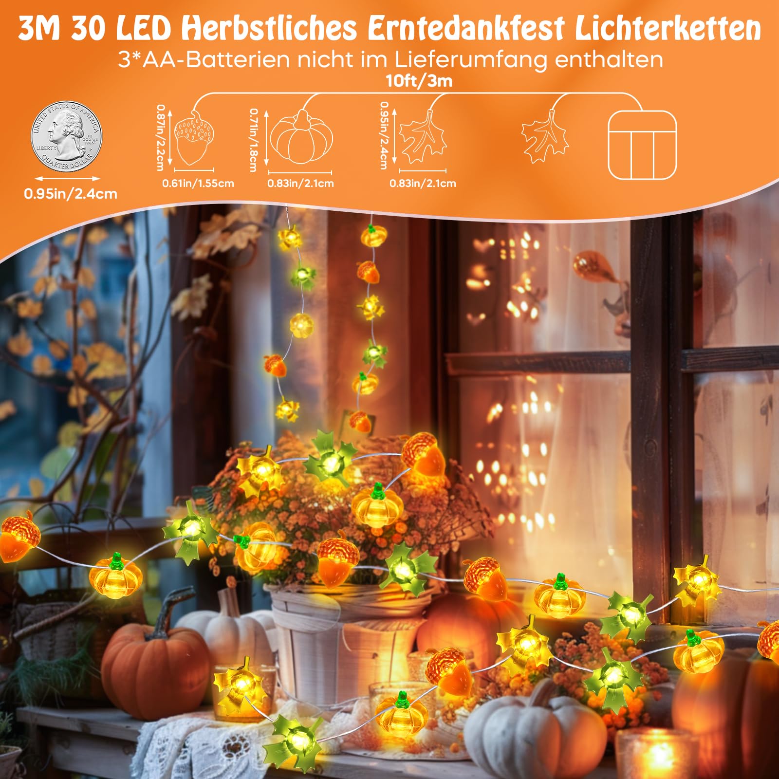 Herbstliche Fenster-Lichterkette Mit Ahornblatt & Kürbis - Batteriebetriebene Deko Für Gemütliche Atmosphäre