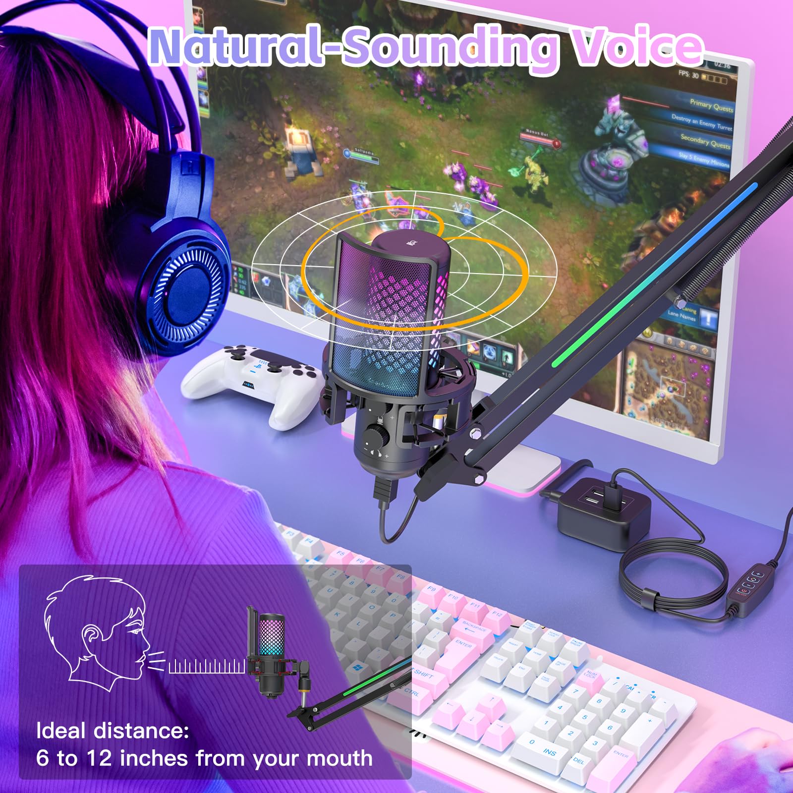 ZealSound Kit de Microphone à Condensateur USB – Plug & Play pour PC, Mac, PS4/PS5 Contrôle du Gain & Volume, Boutons Echo & Mute Idéal pour Diffusion en Continu, Podcasting, Enregistrement, YouTube
