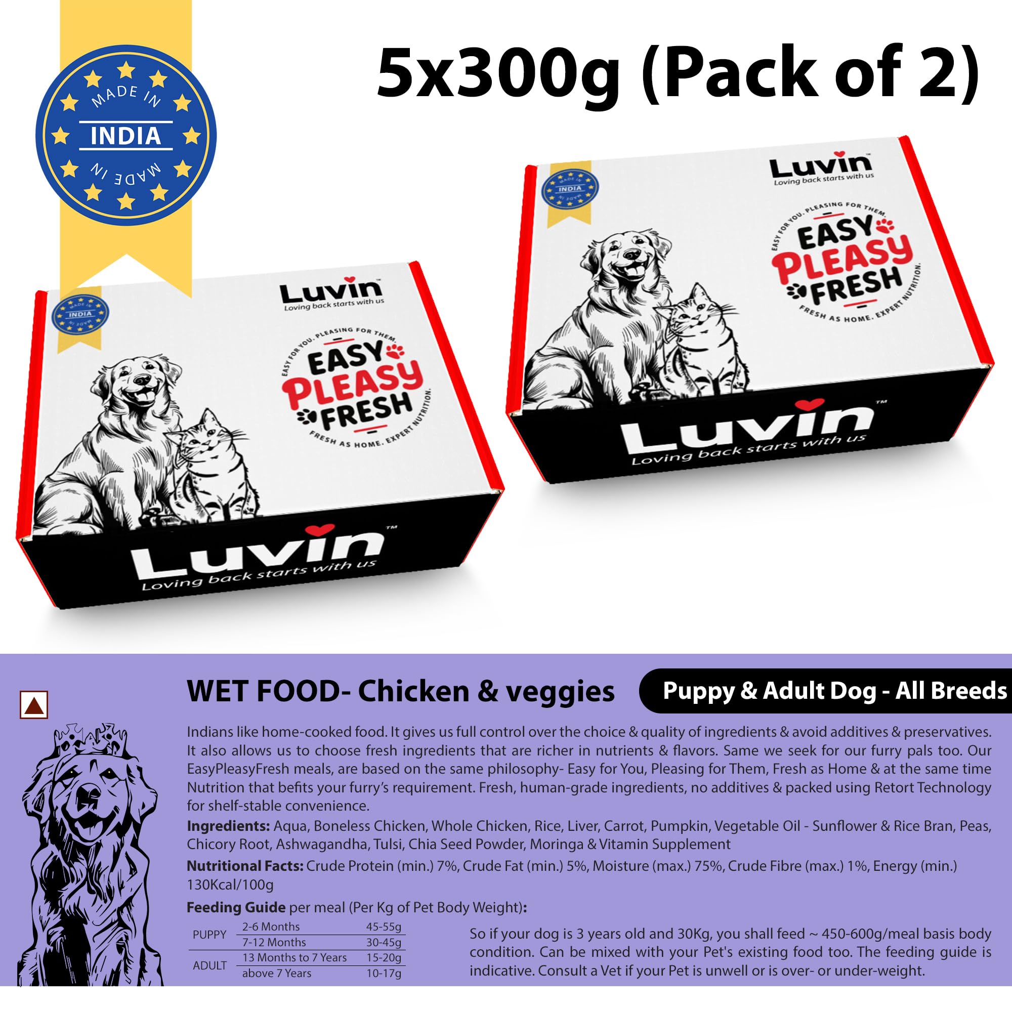 Luvin Wet Dog Food | Chicken & Veggies | Puppy & Adult Dog 3 kgs (300gms x 10)
