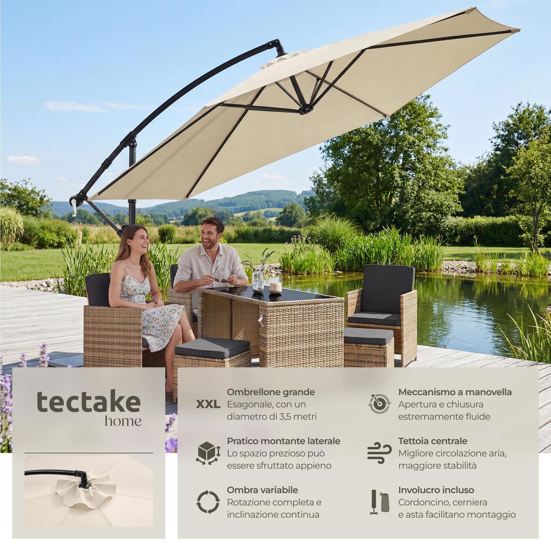 tectake Ombrellone da Giardino 3,5x3,5 m Braccio Girevole 360° Protezione UV 50+ Idrorepellente Inclinabile Base Acciaio