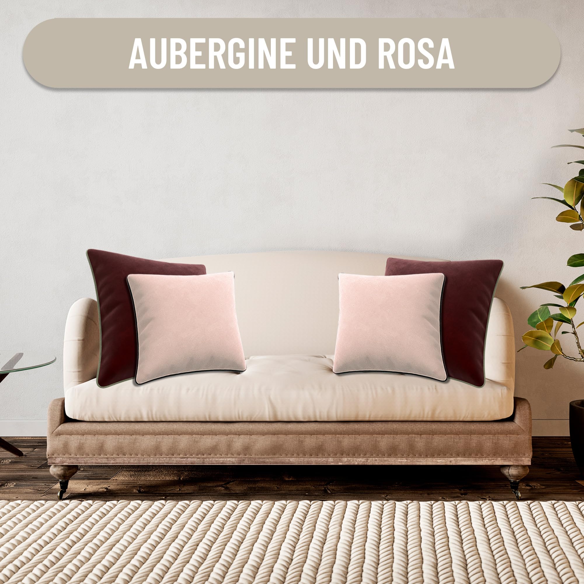 Kissenbezug-Set aus extraweichem Samt mit kontrastierendem Rand – modernes, doppelseitiges Design. Füllung Nicht enthalten.(Rosa und Grau, 45x45cm, 4 Stück)