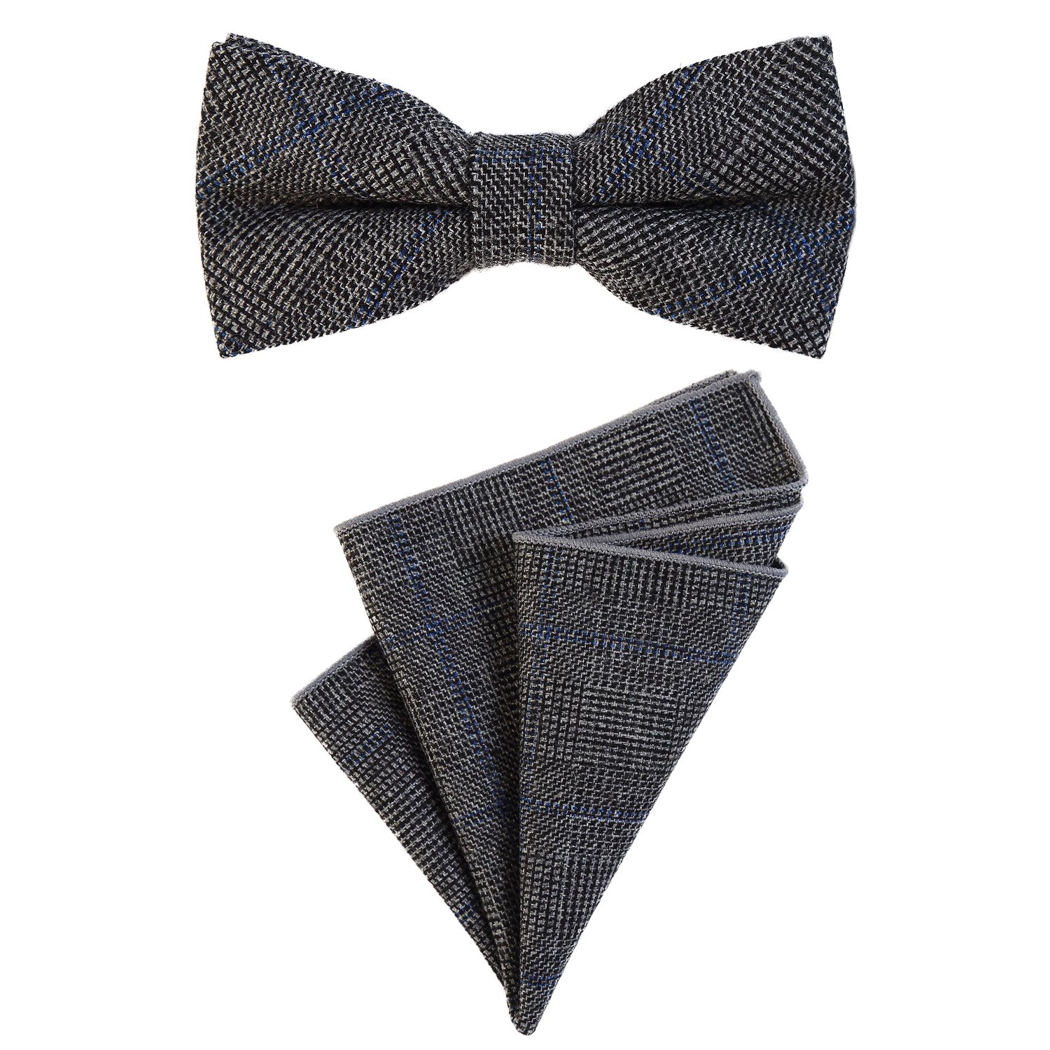 Dondon Men's Blue-Black-Grey Bow Tie 4.72 X 2.36-12 X 6 Cm With Matching Handkerchief 9.05 X 9.05-23 X 23 Cm Both From Cotton In A Checkered Tweed Look