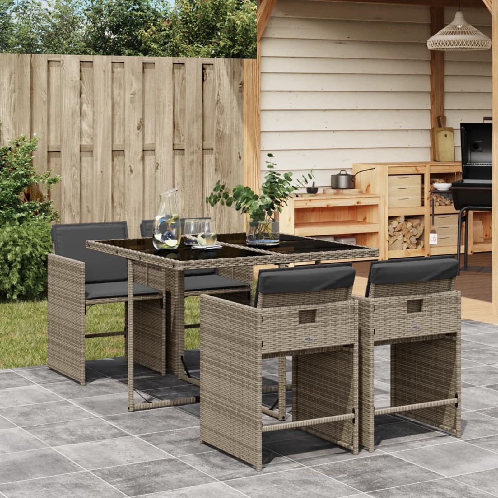 Homgoday Juego de Comedor de Jardín con Mesa de Vidrio Templado y Sillas Plegables - Rattan PE Gris