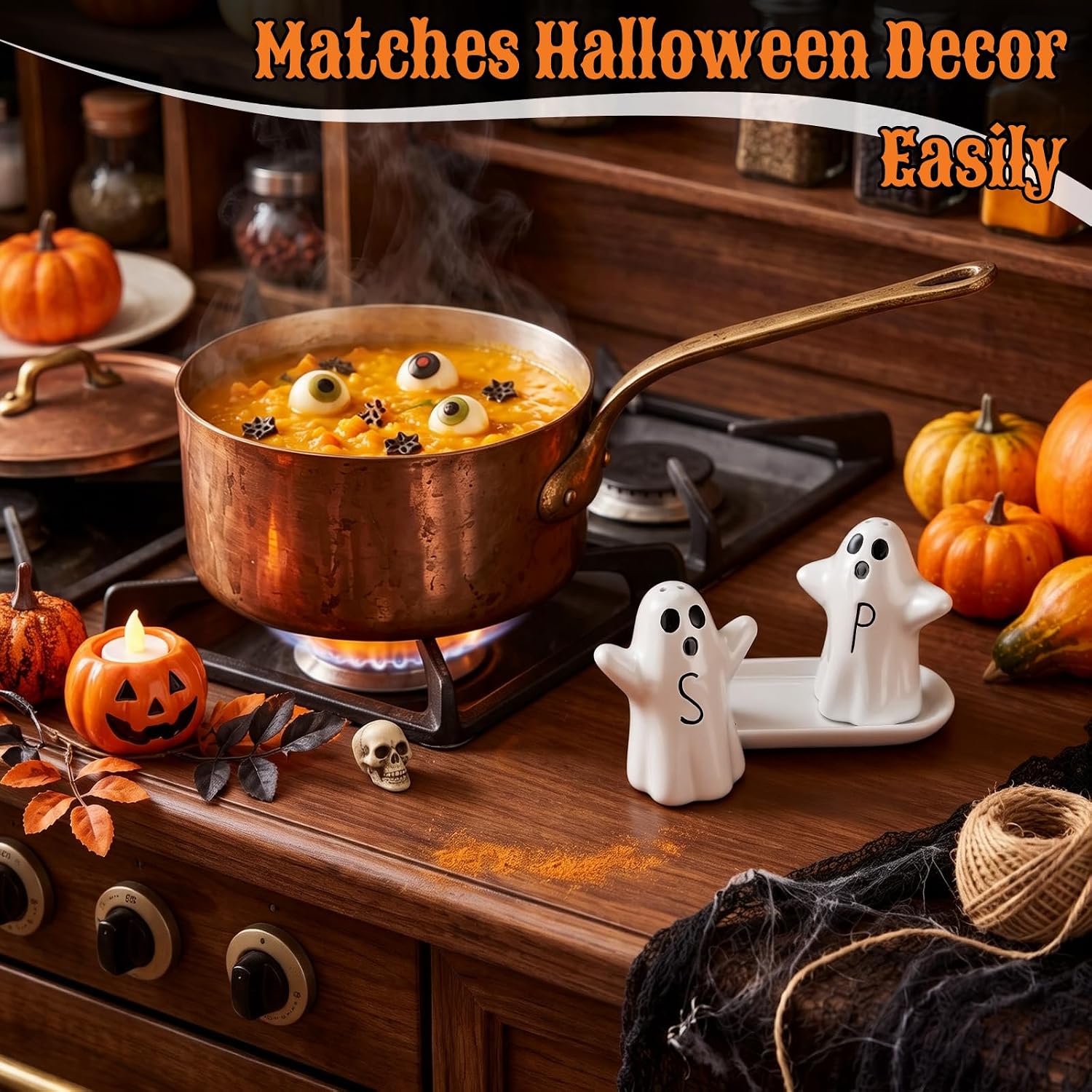 Gerrii Halloween Ceramic Ghosts Salt Pepper Shakers Accessory