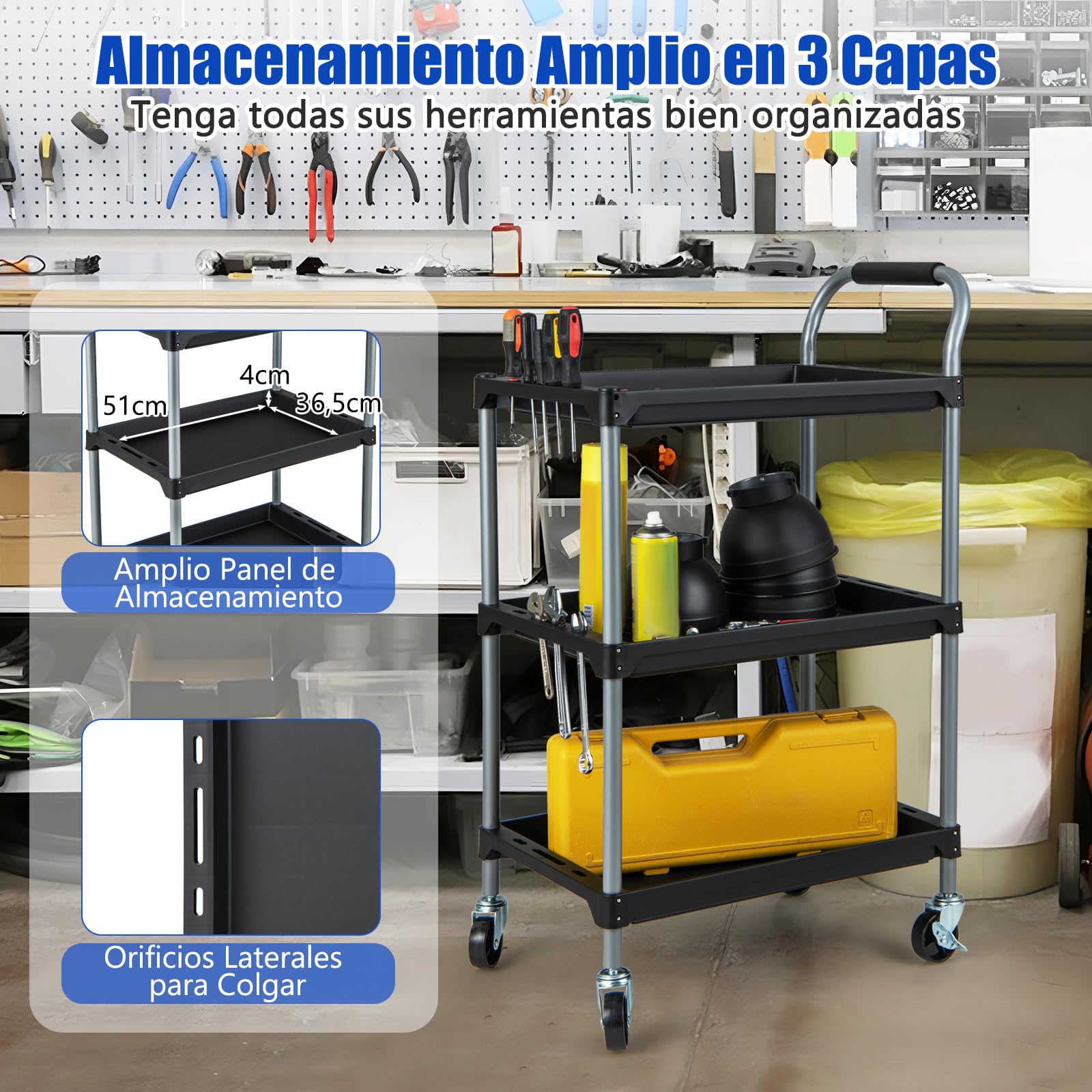 COSTWAY Carro de Herramientas de 3 Niveles, Carro de Taller de Metal con 4 Ruedas Universales y Mango de Esponja, Carrito de Herramientas Multiusos para Garaje Mecánico Hogar (64 x 40 x 102 cm)