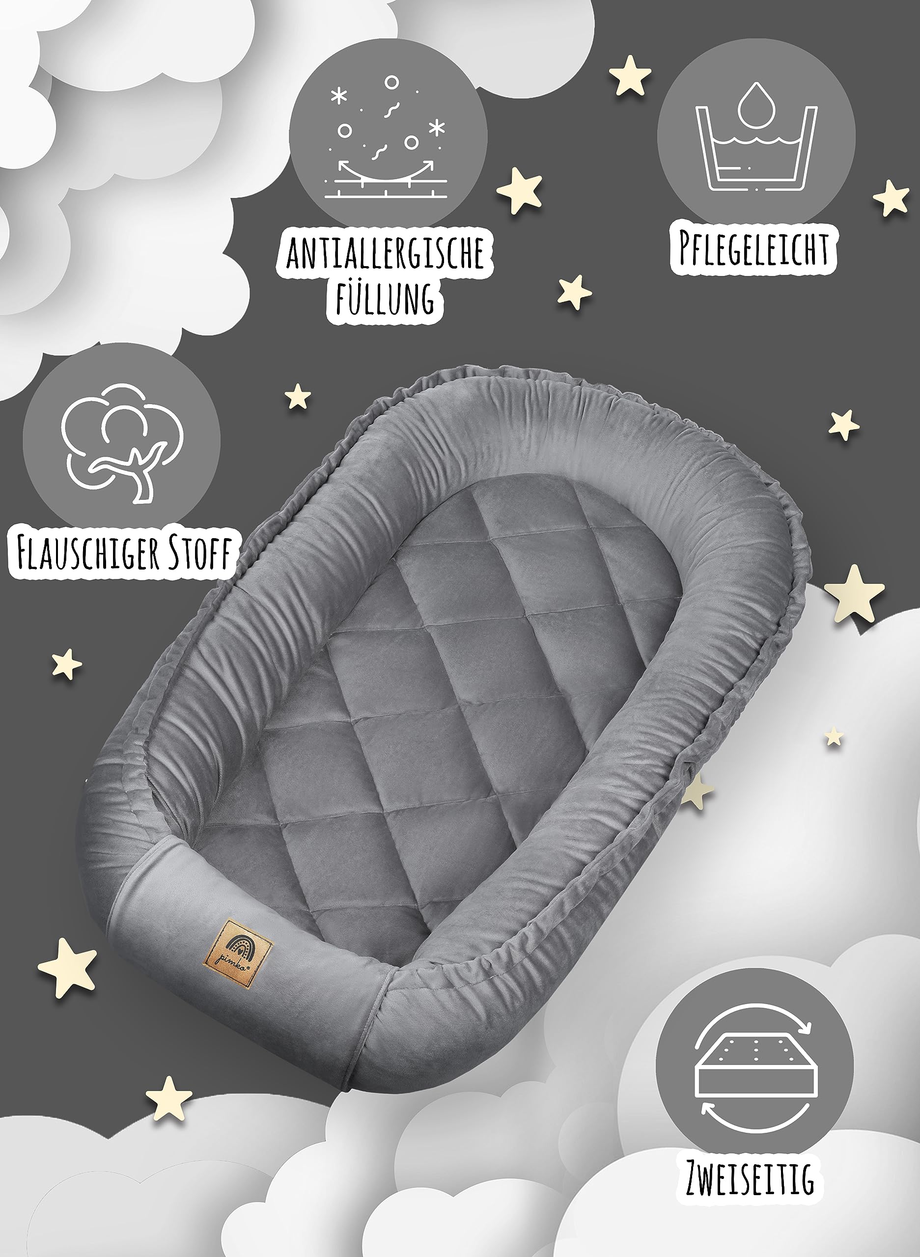 PIMKO Multifunctioneel dubbelzijdig babynestje, knuffelnest, cocon voor baby's, antiallergisch, 55 x 90 cm, fluweel (beige met klep