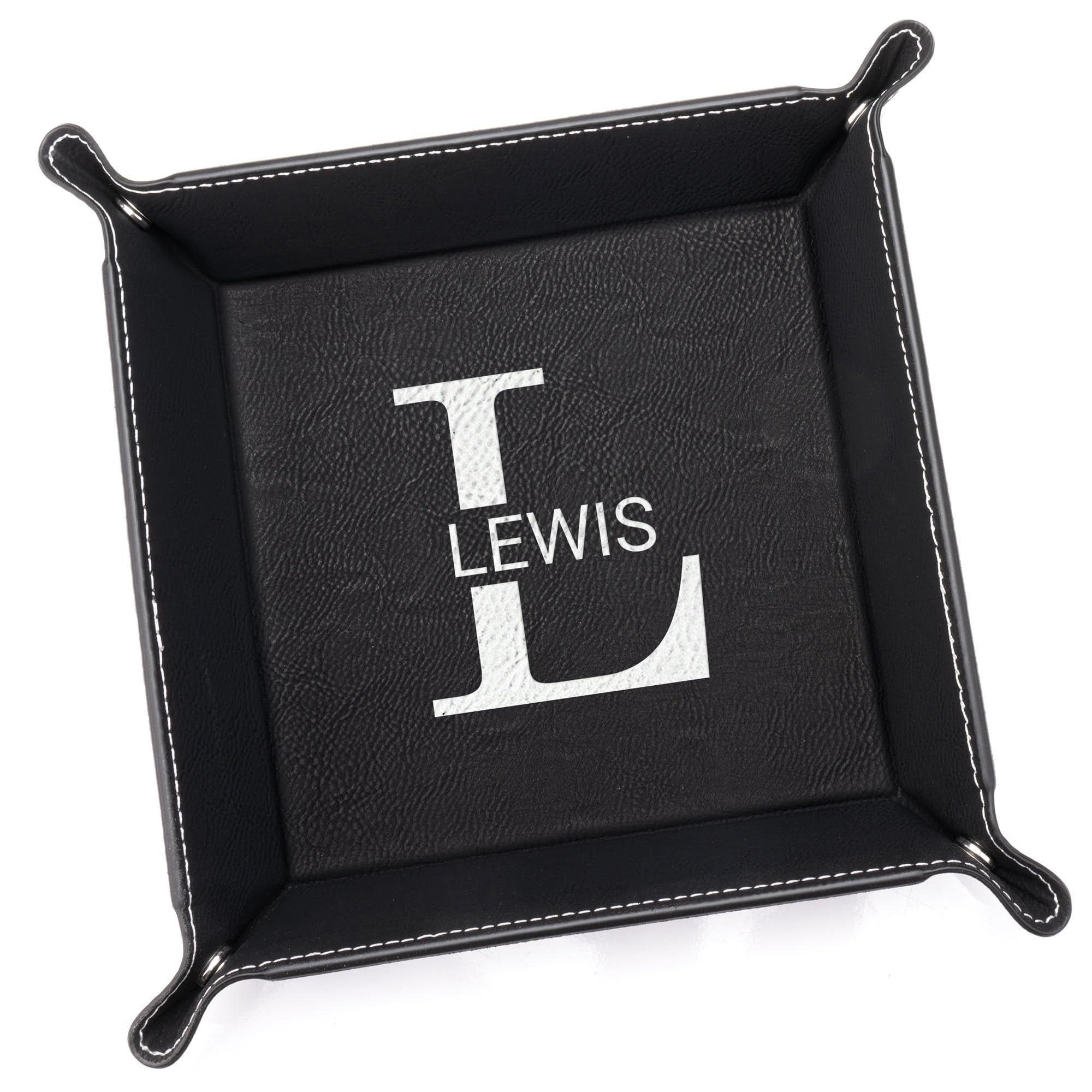 Lifetime Creations Personalized Valet Tray with Last Name and Initial (Black) - Vegan Leather Catchall, Monogrammed, Organizer, Groomsmen Gift