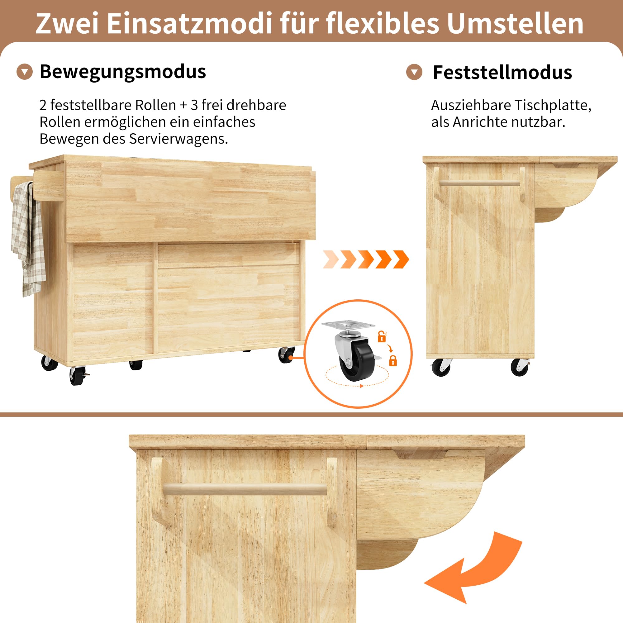 Kücheninsel auf Rollen 120x45x92 cm mit Klapptisch, 3 Schubladen, 2 Türen, verstellbaren Einlegeböden, Handtuchhalter, Buffetschrank & Servierwagen im Holzmaserung-Schachbrett Design