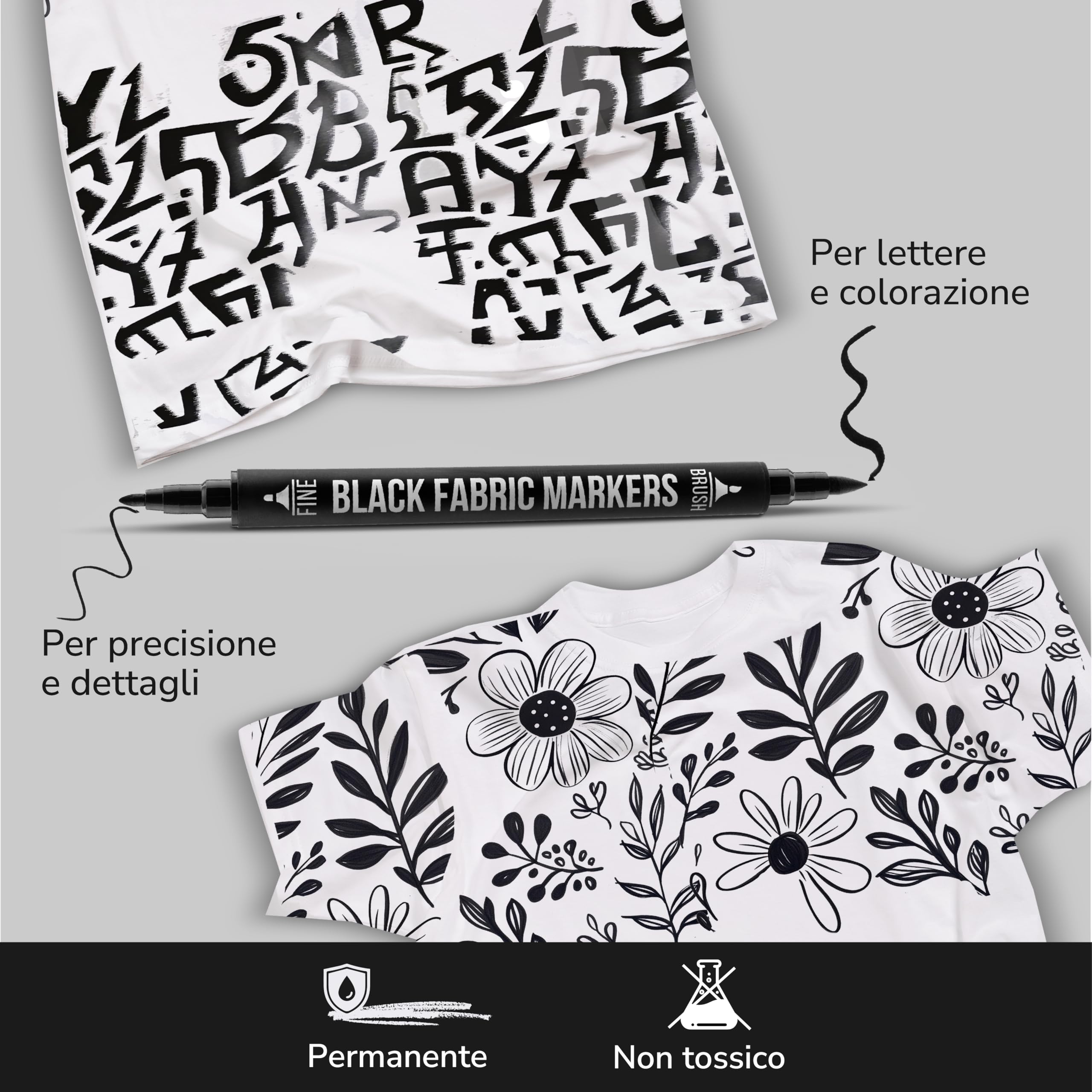 Pennarelli Per Tessuti Permanenti - 5 Pezzi, Nero, Doppia Punta, Per Magliette, Borse E Tele