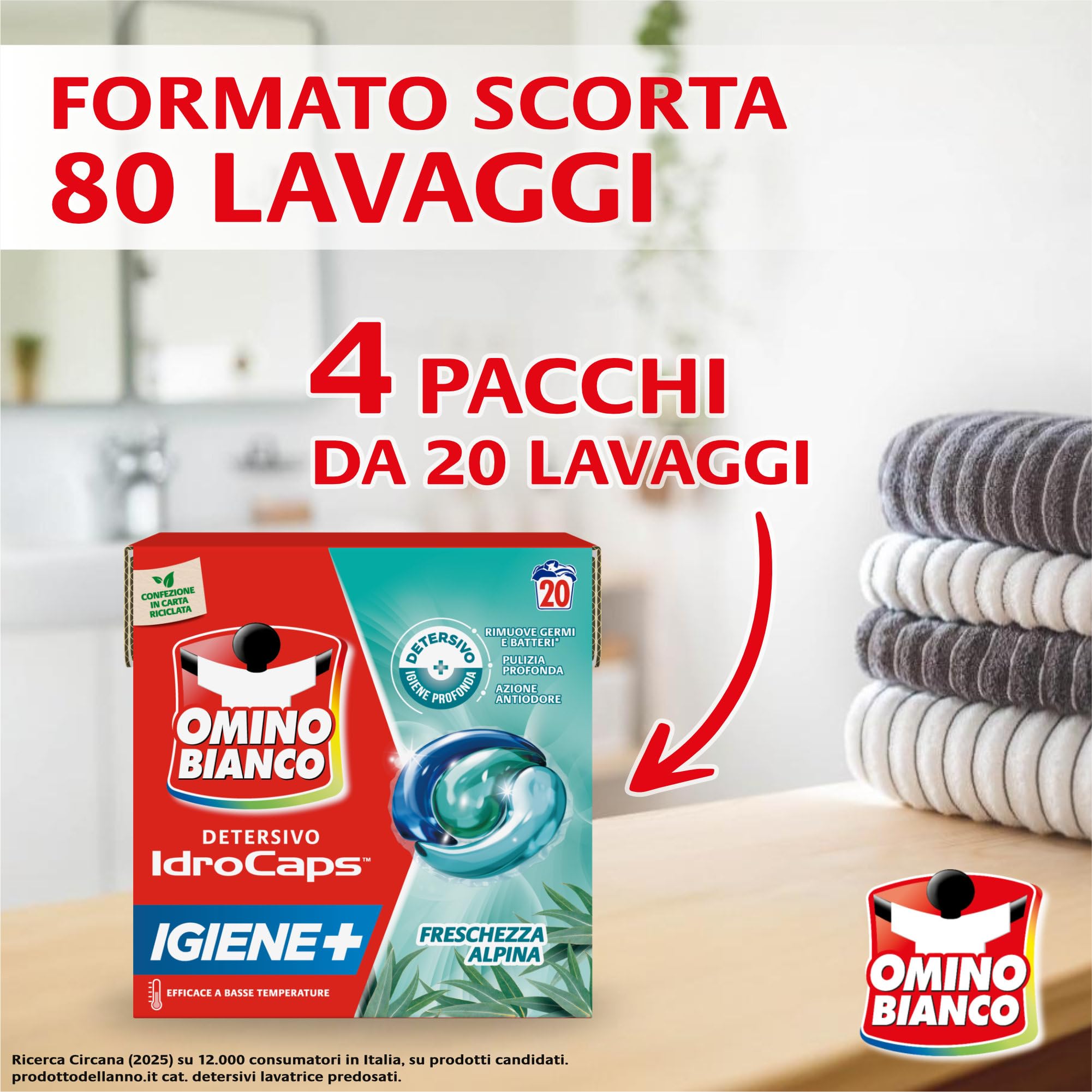 Omino Bianco Idrocaps - Detersivo Lavatrice in Capsule Igiene, 80 Lavaggi, Efficace a Basse Temperature, Profumo Freschezza Alpina, 20 Caps x 4 Confezioni