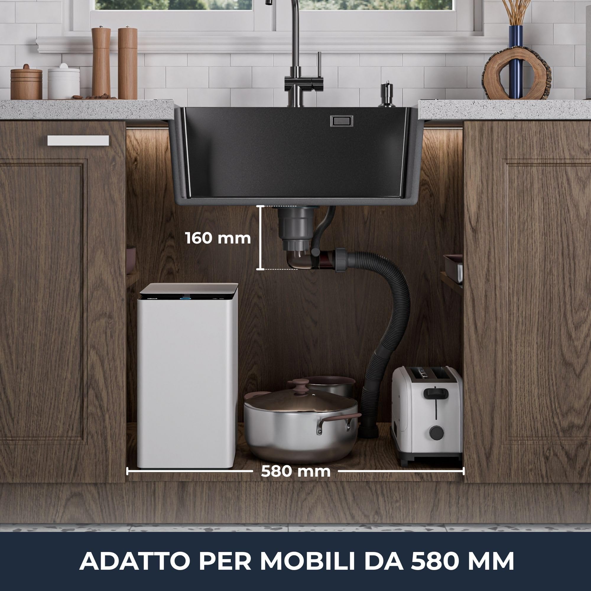 ANW HOME Lavello Cucina 1 Vasca 60x50 cm, Grafite | Incasso, Rivestimento Nano, Spessore 3,0/1 mm, Profondità 22 cm, Con Sifone