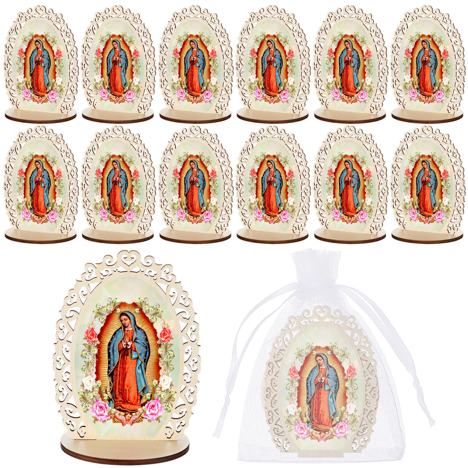 Soaoo Holzstatuen "Our Lady of Guadalupe", "Virgen De Guadalupe", Bilderrahmen, Taufgeschenke für Gäste, Taufaufaufaufaufsätze für Tisch, Erstkommunion, katholische Gastgeschenke, oval, 24 Stück