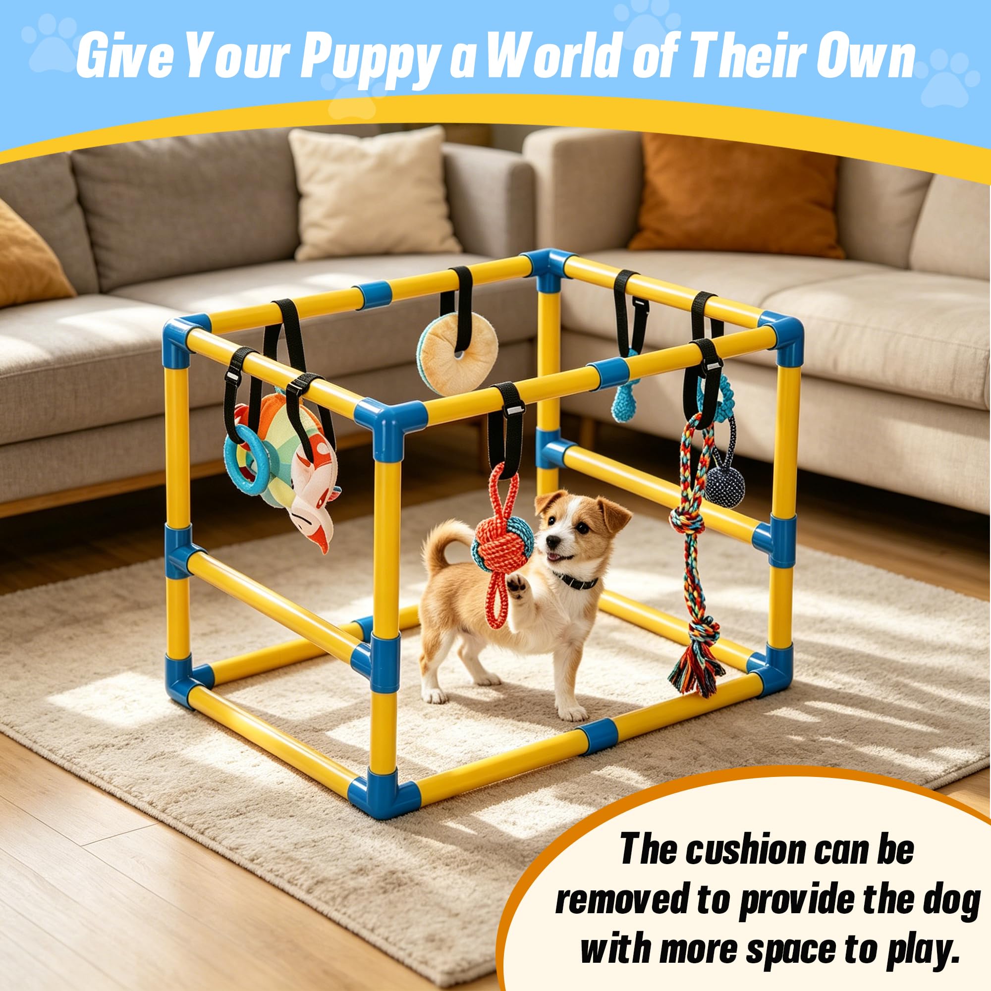 Gymnase de Jeu pour Chiot avec 8 Jouets Suspendus, Salle de Sport d'intérieur avec hamac et Jouets d'enrichissement Amusants, Cadre en PVC, Centre d'activités pour Chiots