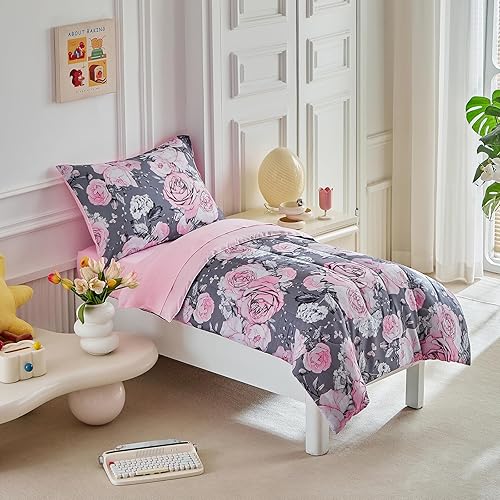 Miniatura 3 de Juego de ropa de cama gris de 4 piezas para niños y niñas, flores rosas ultra suaves con hojas blancas en una bolsa, juego de edredón, sábana