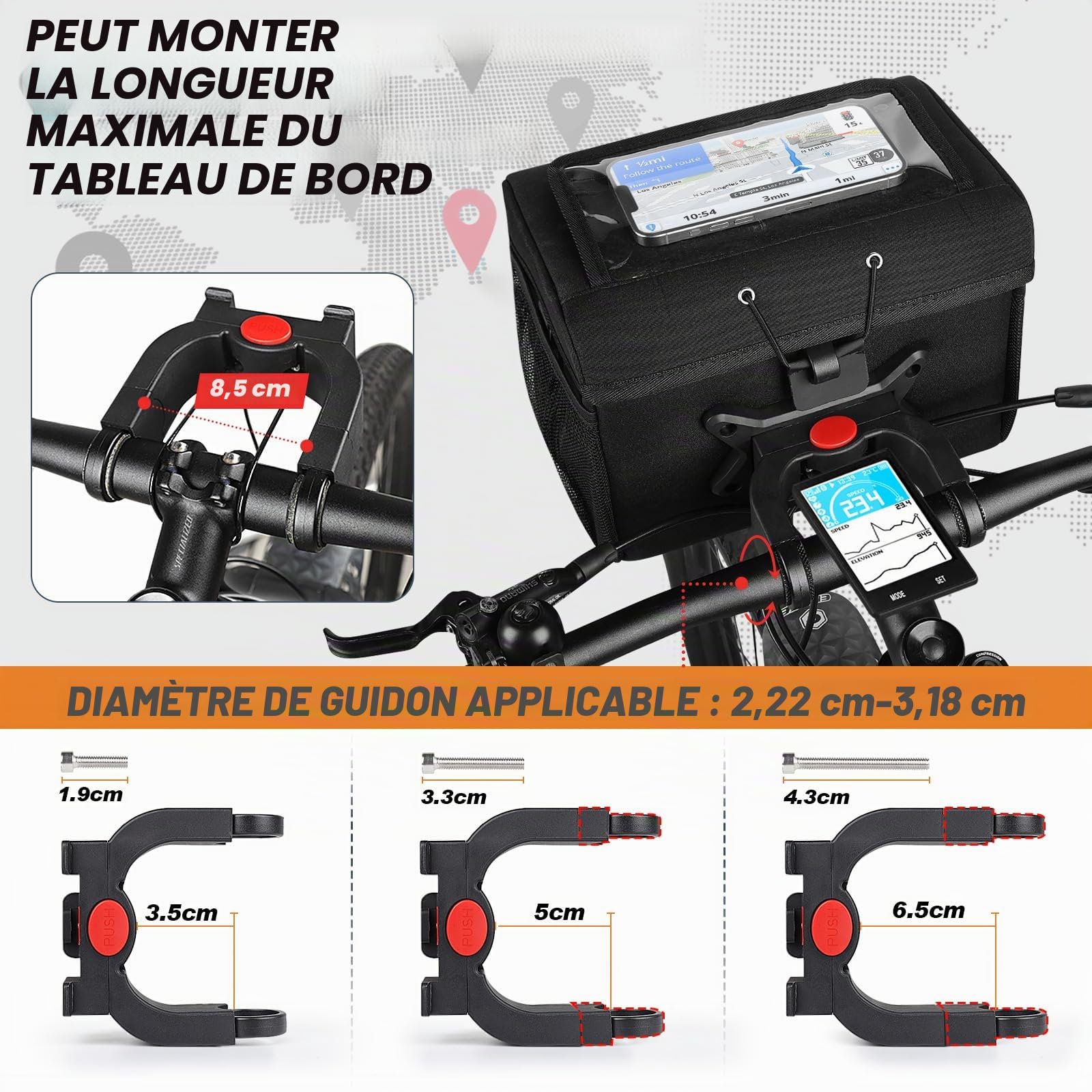 GXCROR 8L Sacoche de vélo, sacoche de guidon de vélo, sacoche de guidon, avec adaptateur de guidon, écran tactile, bandoulière, panier avant pour vélo électrique