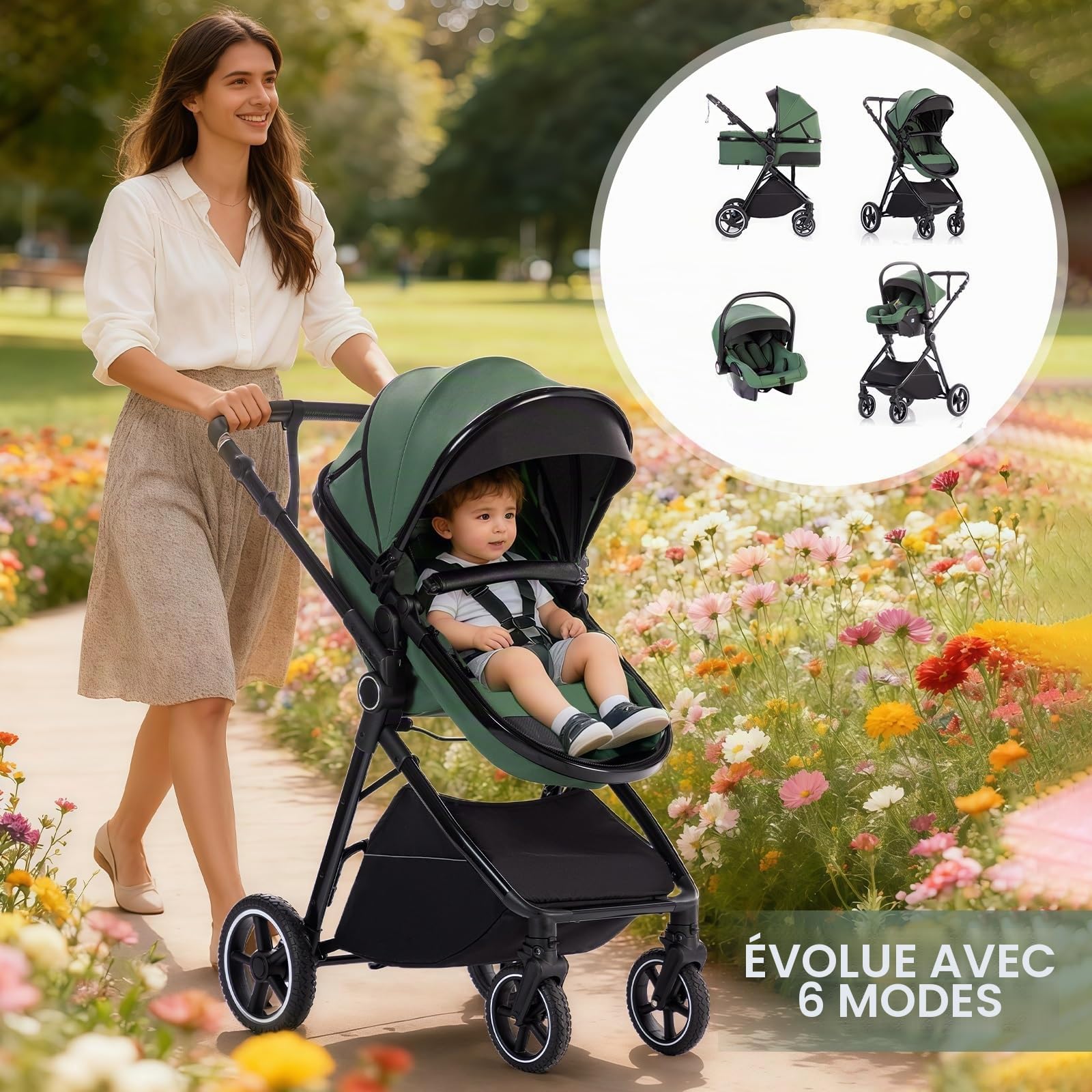 Gcarebb Système de voyage 3 en 1 avec poignée réglable en hauteur, poussette avec housse de pluie, poussette pour bébé avec cadre en aluminium pour nouveau-né