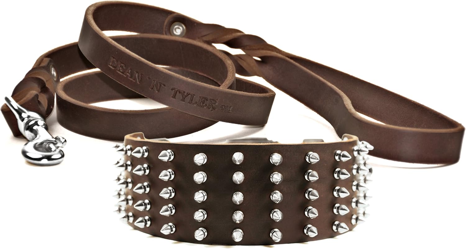 Dean & Tyler 36-Inch Wide Nickel Spike Collar with 6-Feet Love to Walk Leash, Brown