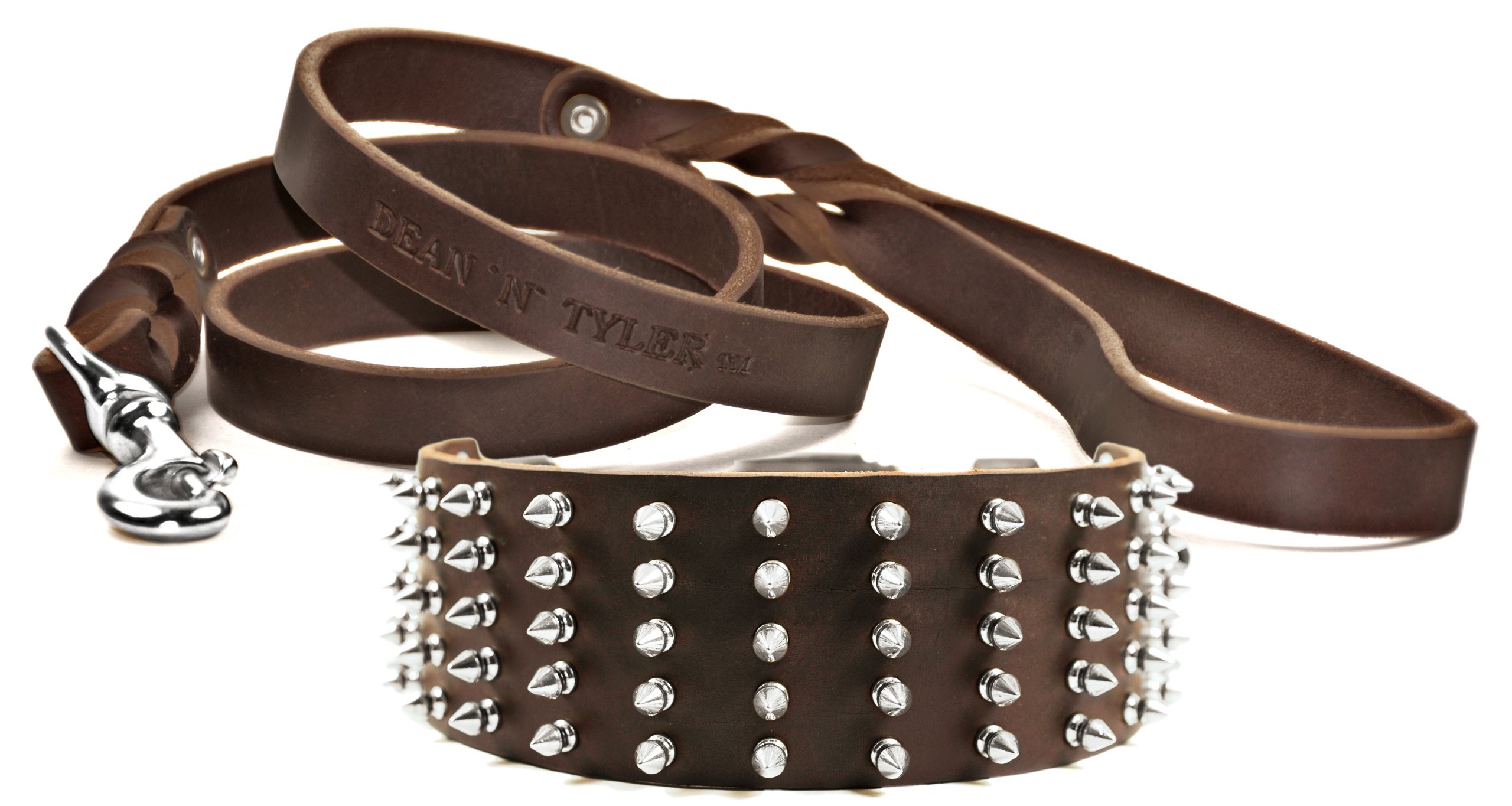 Collier grand chien cuir marron Dean et Tyler avec laisse assortie inox