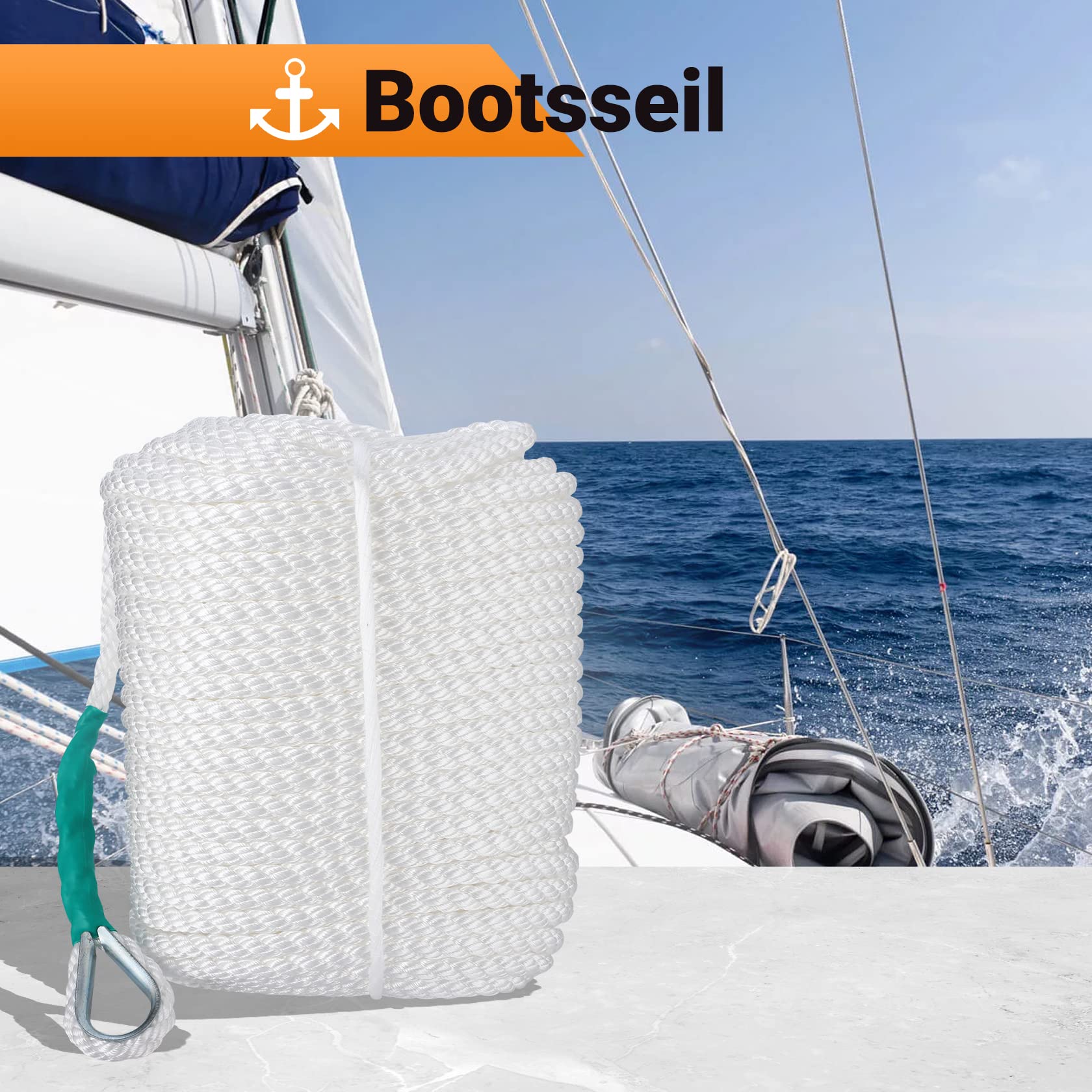 CarBole Tauwerk für Boote 12mm*91m, 2653KG Dock Line Rope | Festmacherleine und Camp-Seil, ideal für Camping und Bootfahren im Freien