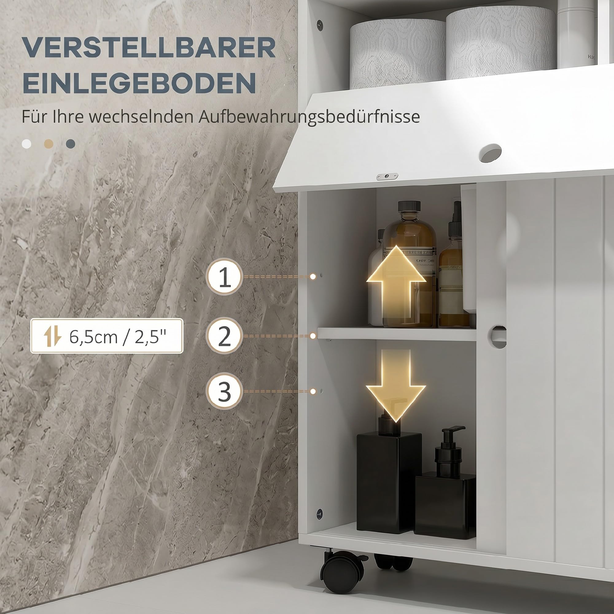kleankin Mobile Bagno Stretto con Ruote e Ante Scorrevoli, Mobiletto Bagno Salvaspazio con Ripiani Regolabili e 2 Aperture per Carta Igienica, Ideale per Spazi Ridotti, 52x17x67 cm, Bianco