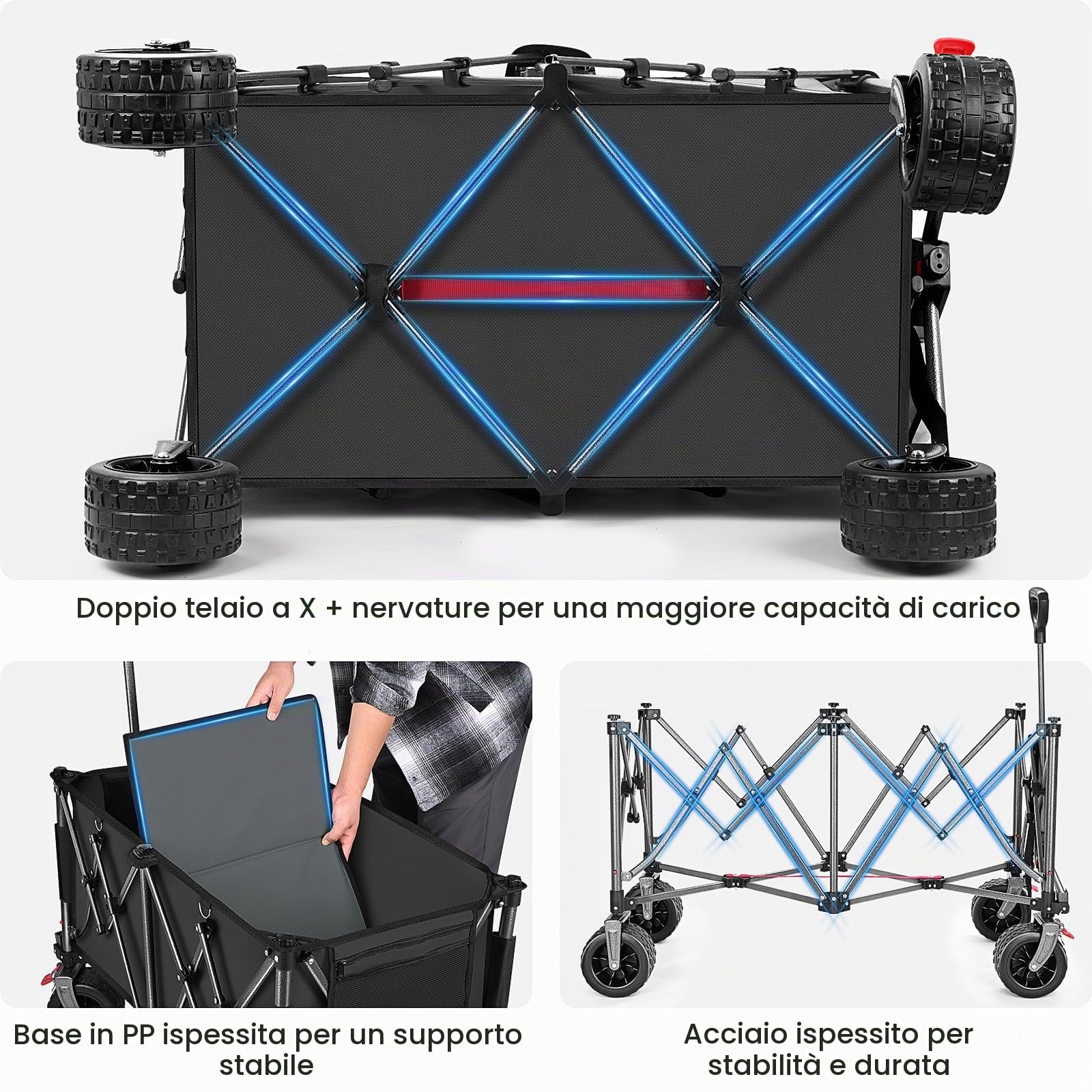 YEAUPE PRO Carrello Spiaggia Pieghevole con Ruote Portatutto, Grande Capacità, Doppi Freni, Doppia Forcella Rinforzata, Ruote Grandi, Manico Regolabile, Rete Elastica Inclusa, 250kg/255L, Nero