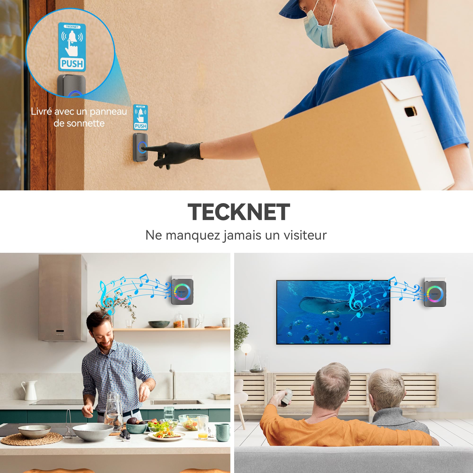TECKNET Sonnette sans Fil, IP65 Exterieur Étanche Sonnette Sans Fil 500 Mètres Two Récepteur Sonnette Electronique, 60 Mélodies 5-Niveaux Éclairage RVB, pour Maison, Hôtel, Urgence