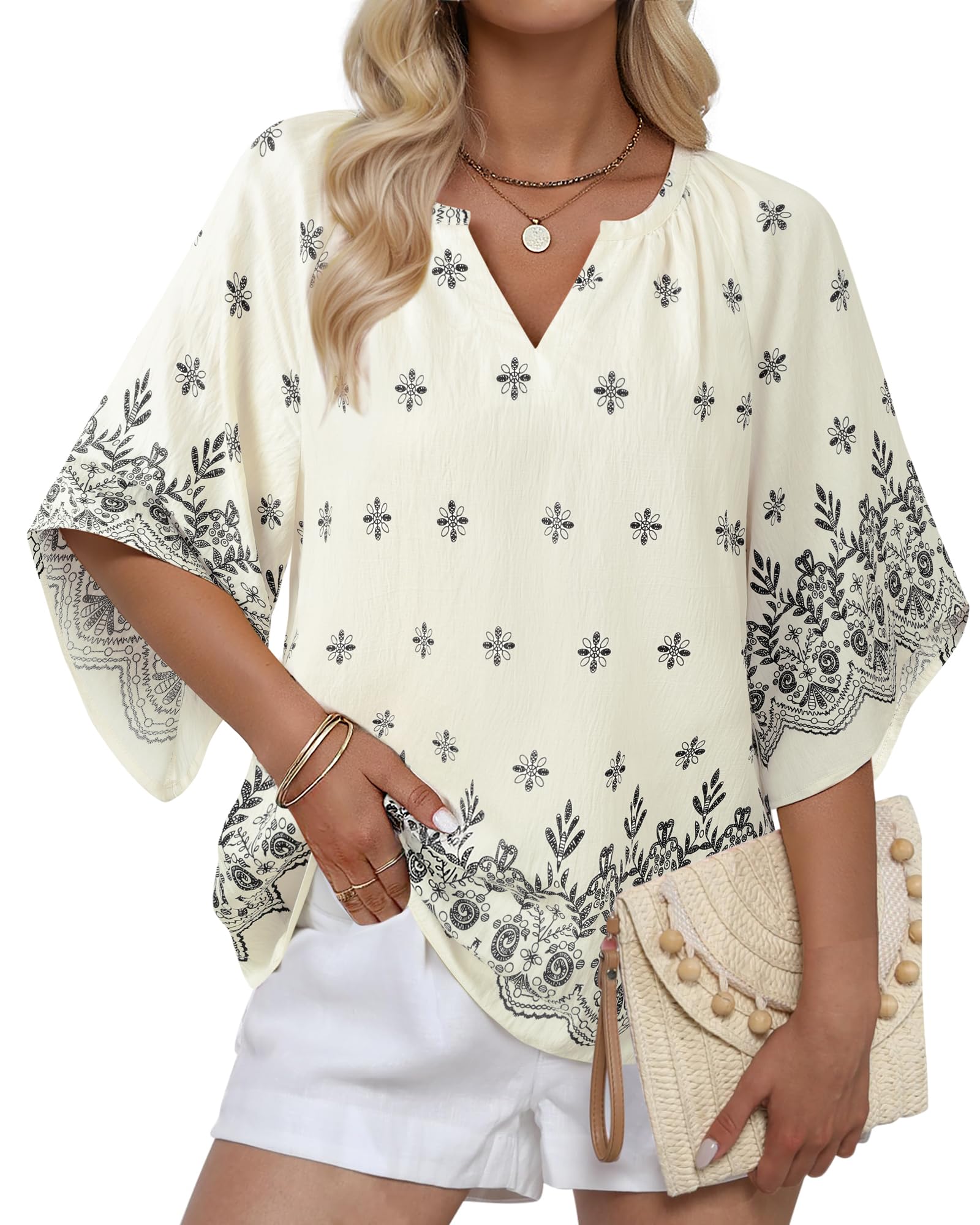 Bebonnie Womens 3/4 Sleeve V Neck Bohemian Peasant Blouses Casual Loose Fit Tunic Tops