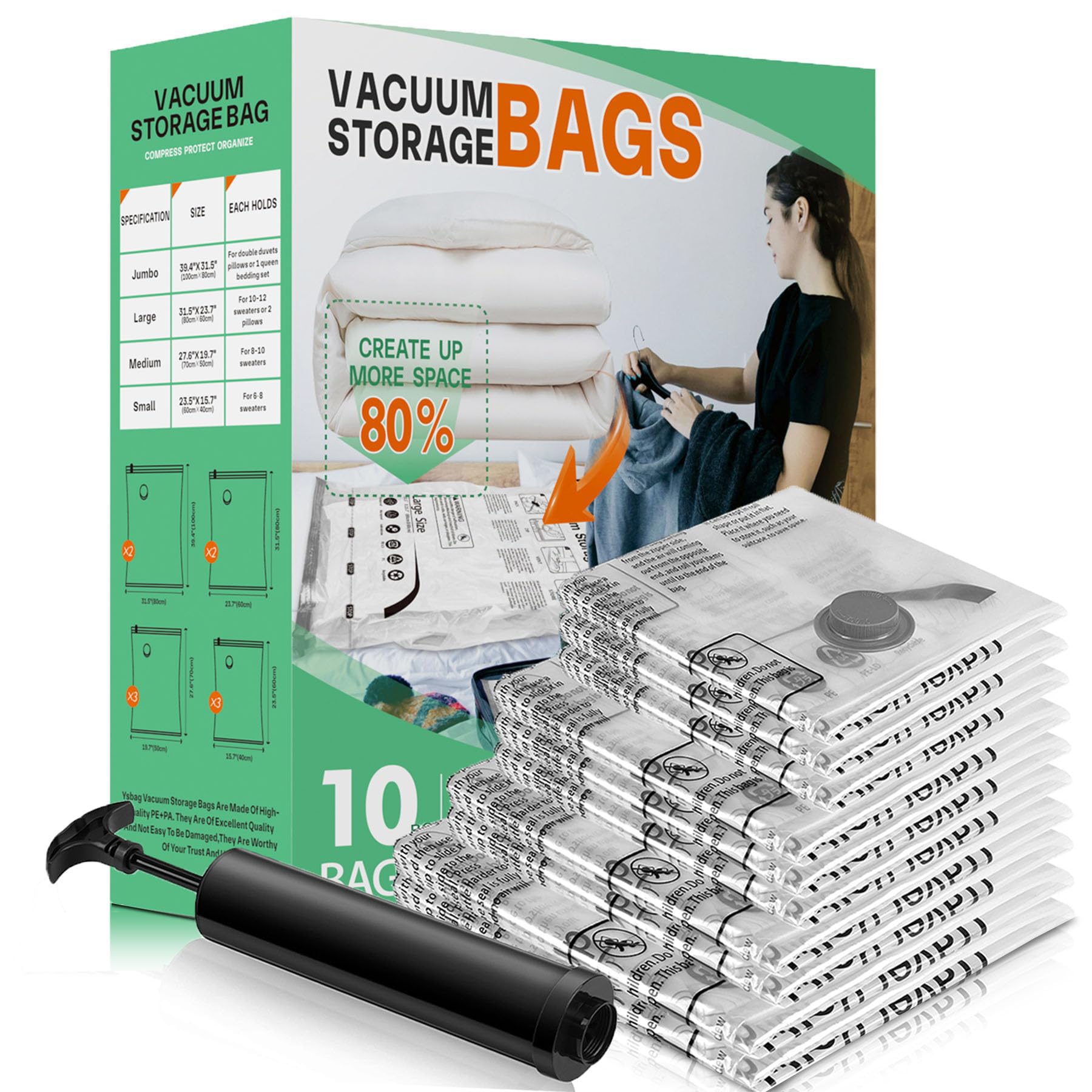 Photo 1 of 10 Pack Vacuum Storage Bags, Space Saver Bags, Compression for Comforters and Blankets, Sealer Clothes Storage with Hand Pump. (2J/2L/3M/3S)