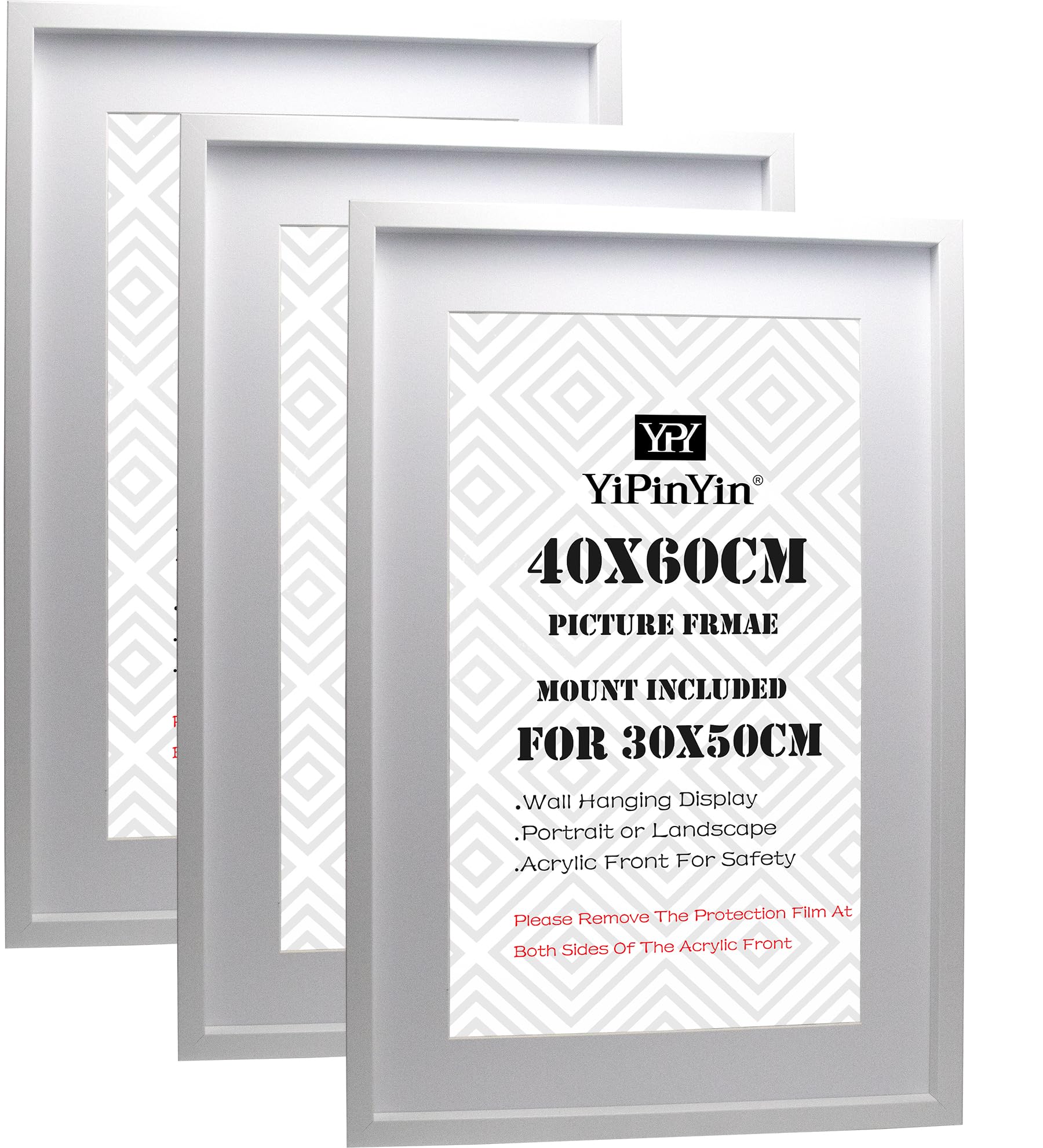 White 40x60cm (15.7"x23.6") Boxed Picture Frame Set of 3 with Acid-Free Mounts for 30x50cm Photos - Stylish Wall Decor for Home & Office — image 1