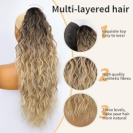 ORSUNCER Ponytail Extension Claw 22 Curly Pony Tail Clip in Hair Extensions Fluffy Natural Looking Synthetic Hairpieces for Women Black Root with Blonde Ombre