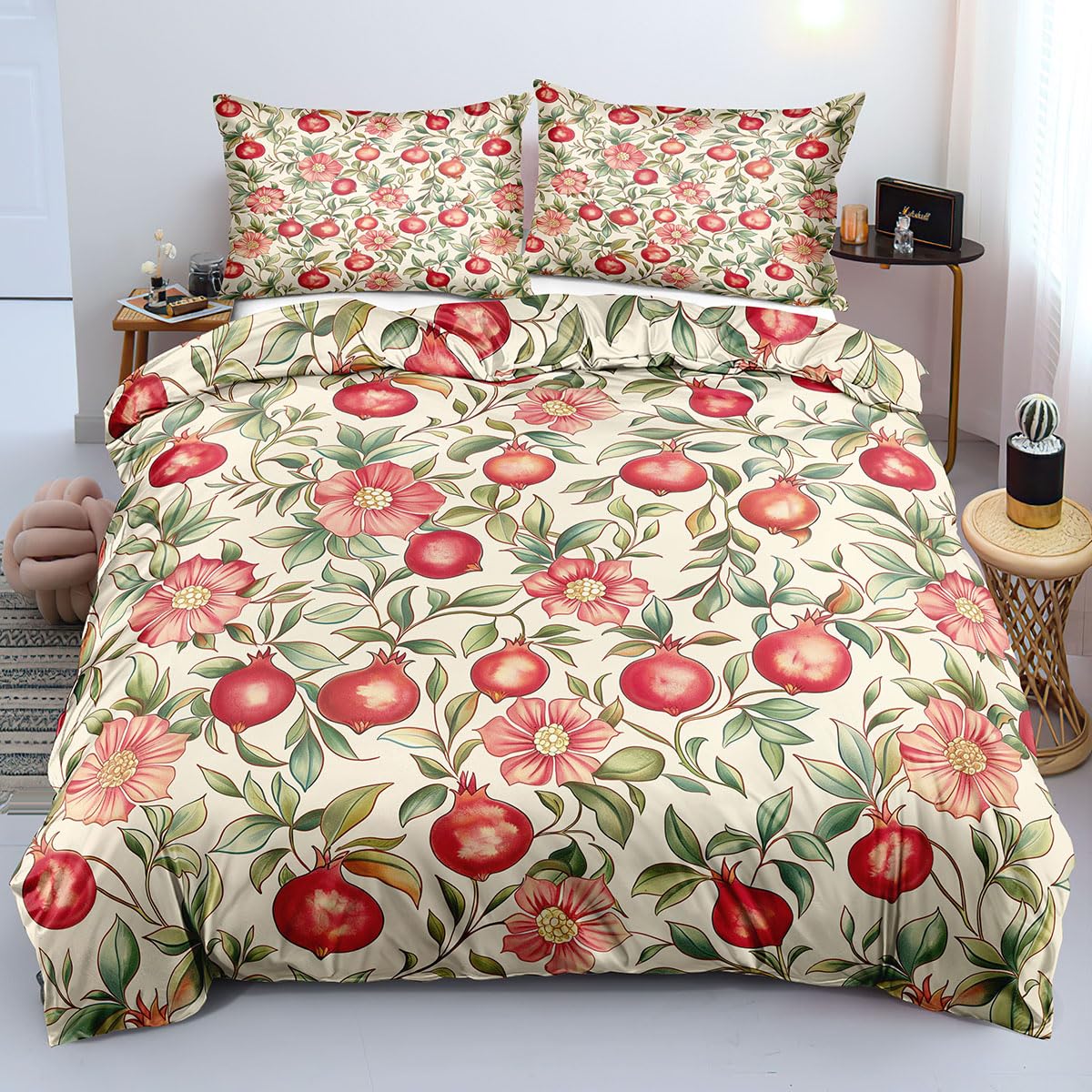 Parure de lit à imprimé floral et feuilles vertes avec housse de couette réversible