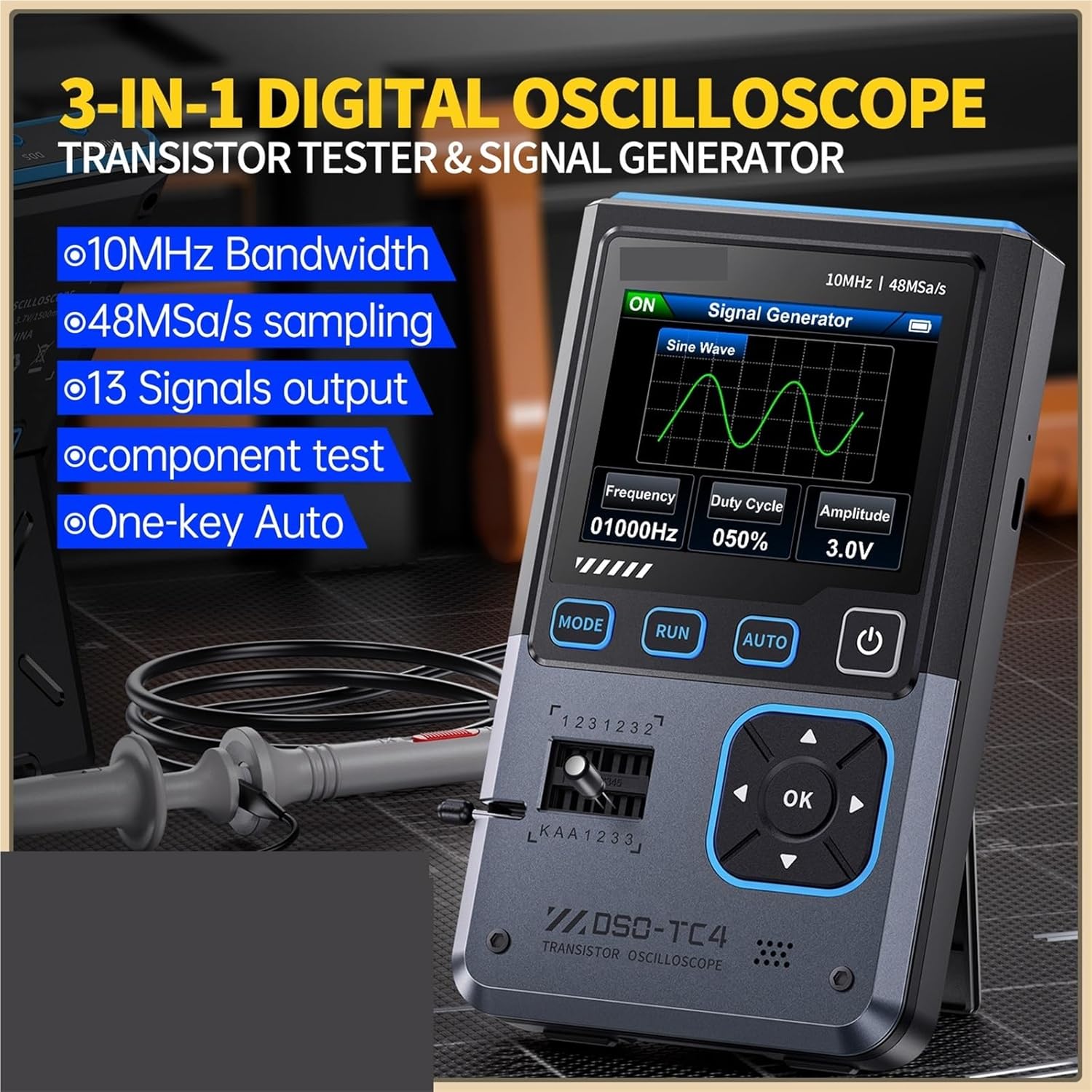 DSO-TC4 3-in-1 Digital Oscilloscope 10MHz Bandwidth 48Ms/s Sampling Rate Transistor Diode Tester DDS Signal Generator