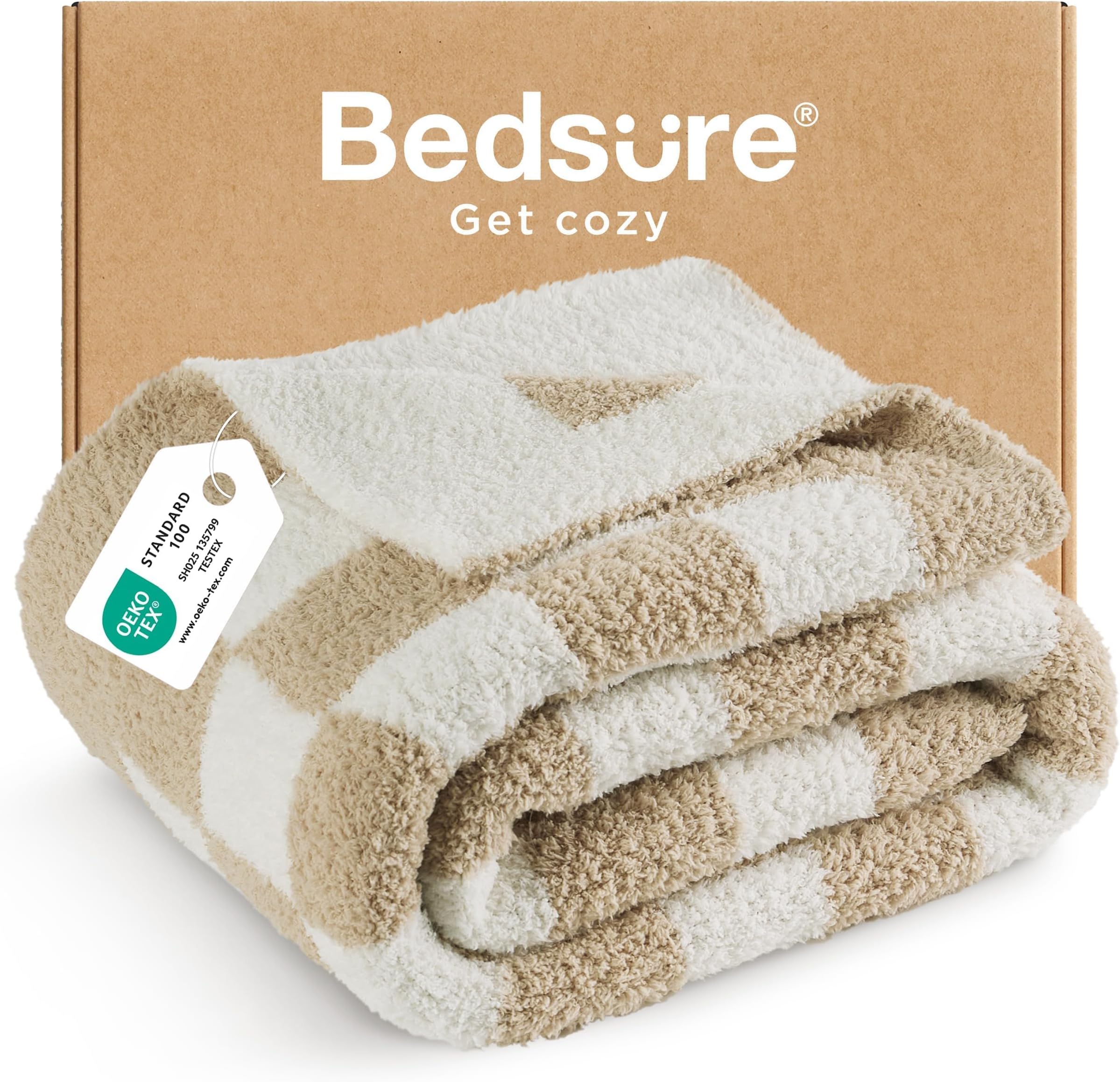 Bedsure Checkered Throw Blanket for Couch - Super Soft, Cozy & Warm Knit Blanket, Breathable, Lightweight & Fluffy for Bed & Sofa, Checkered Beige, 50x60 Inches