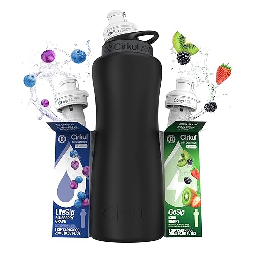 Cirkul 32oz. Matte Black Stainless Steel Water Bottle Starter Kit with Black Lid and 2 Flavor Cartridges (1 LifeSip Blueberry Grape, 1 GoSip Kiwi Berry) No Sugar, Zero Calorie Drink Mix - Matte Black - 32 Ounce
