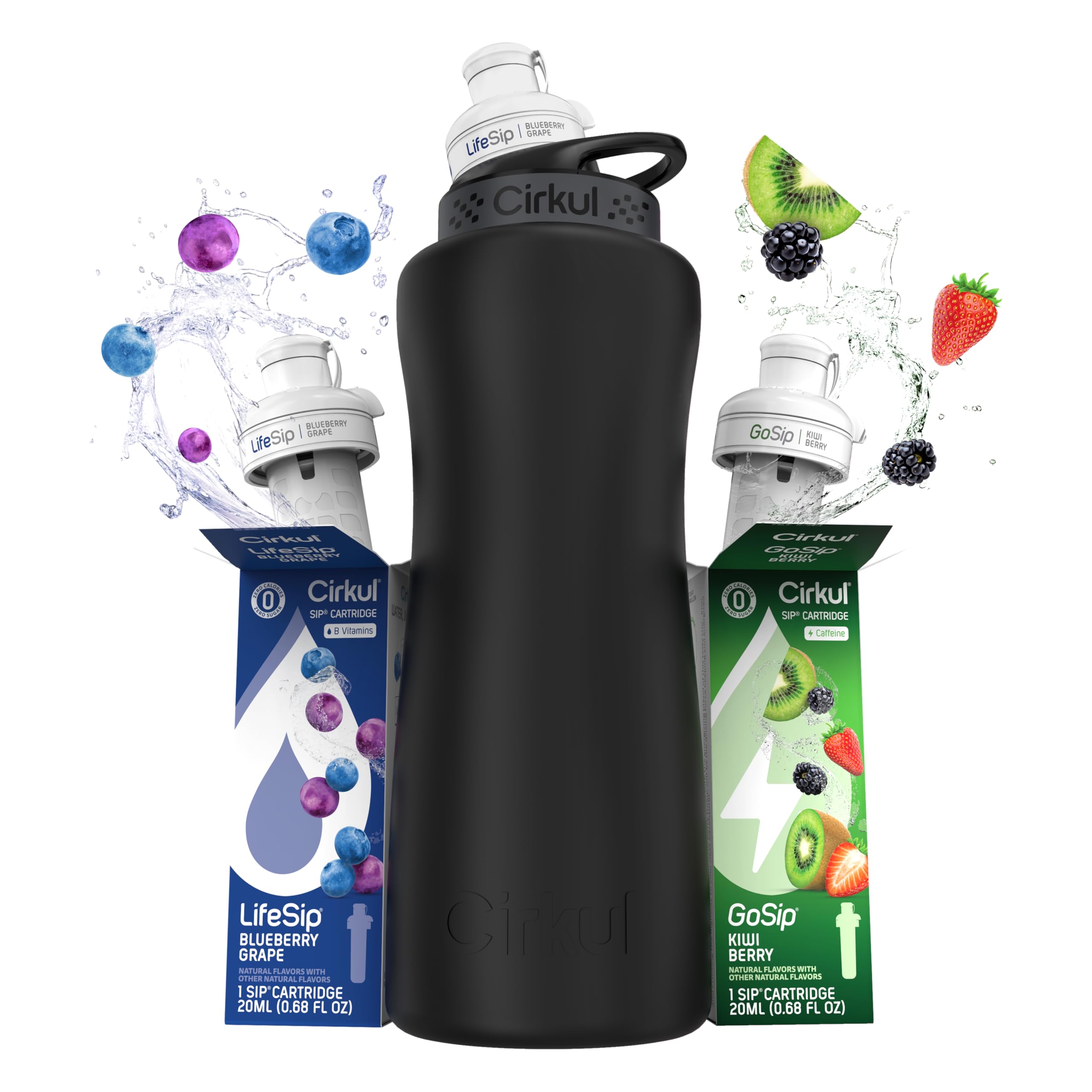 Cirkul32oz. Matte Black Stainless Steel Water Bottle Starter Kit with Black Lid and 2 Flavor Cartridges (1 LifeSip Blueberry Grape, 1 GoSip Kiwi Berry) No Sugar, Zero Calorie Drink Mix
