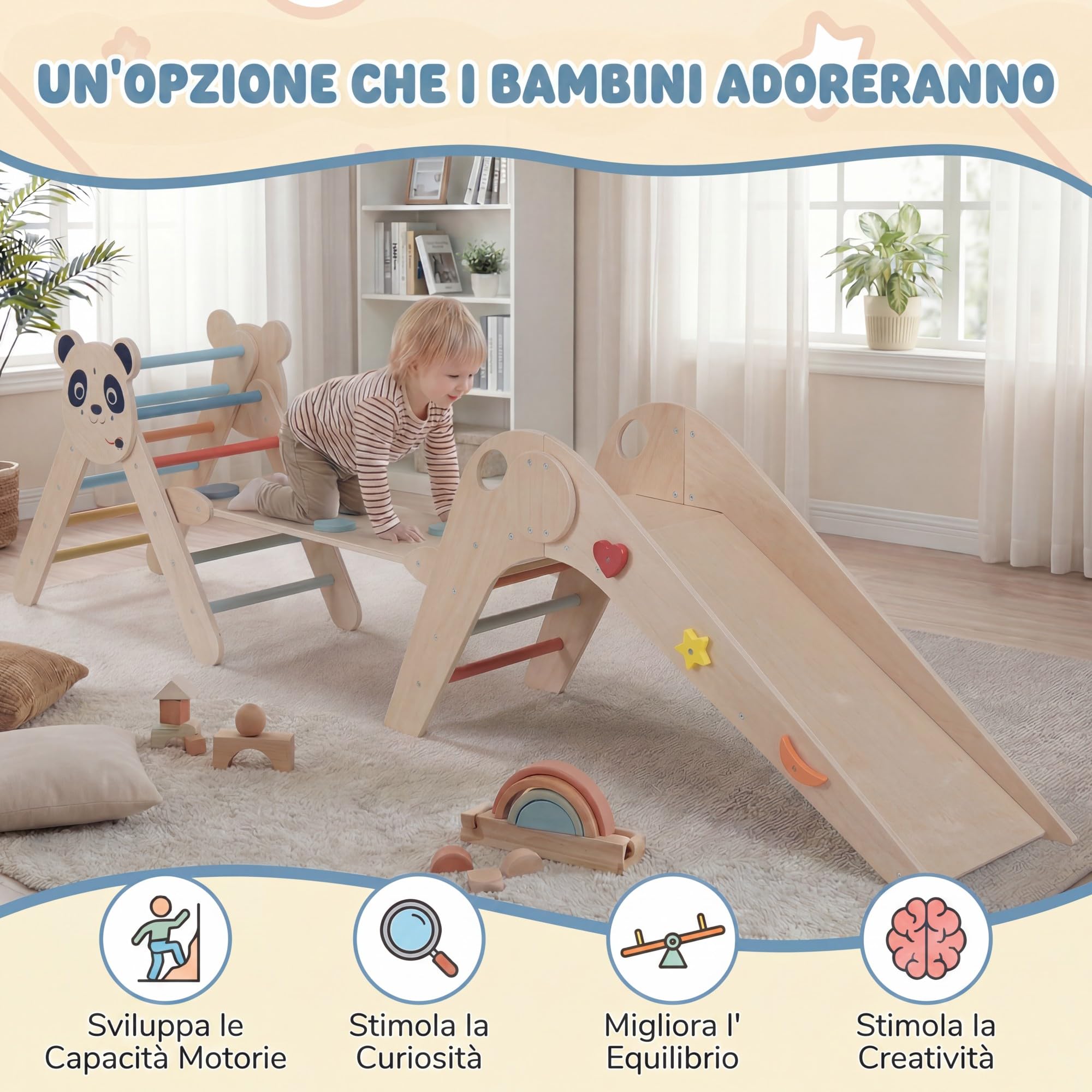 RELAX4LIFE 4 in 1 Triangolo da Arrampicata, Arco da Arrampicata in Legno con Scala e Scivolo, Rampa a Doppia Faccia, Triangolo Giochi Montessori per Bambini 3+Anni (Beige)