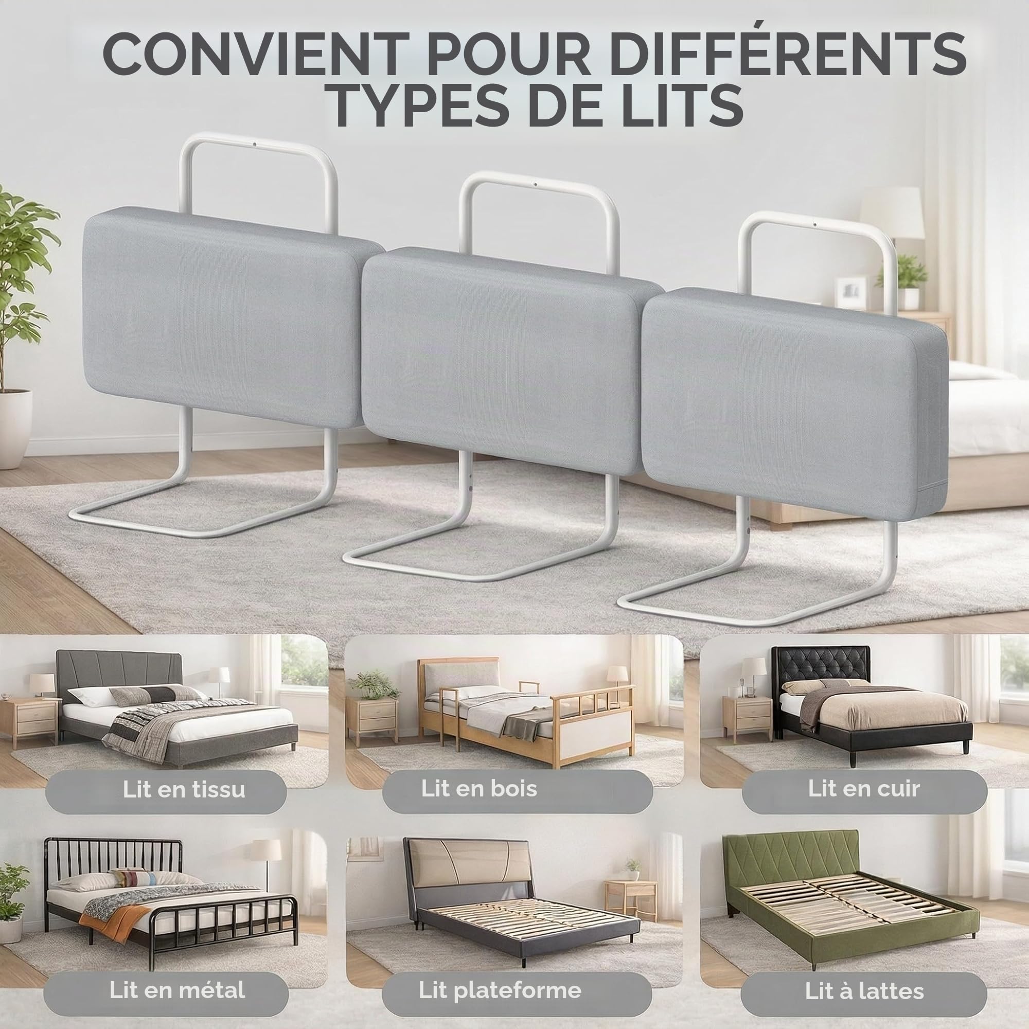 Barrière de Lit Bébé Rembourrée 60 Cm, Protection Anti-Chute pour Enfant, Barrière de Sécurité Douce en Tissu, Garde-Corps de Lit Stable et Confortable pour Bébé et Tout-Petits, Gris