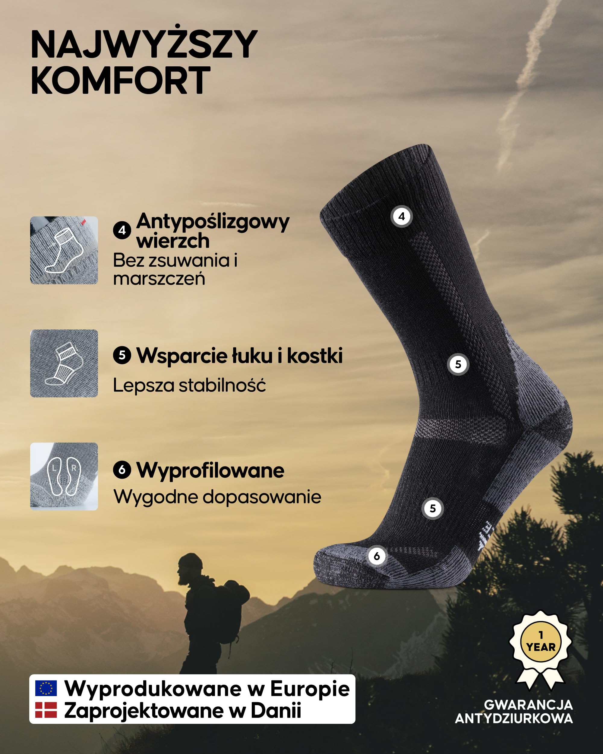 DANISH ENDURANCE Skarpety Trekkingowe z Wełny Merino z Amortyzacją, Oddychające, Przeciw Pęcherzom, dla Mężczyzn i Kobiet, Unisex