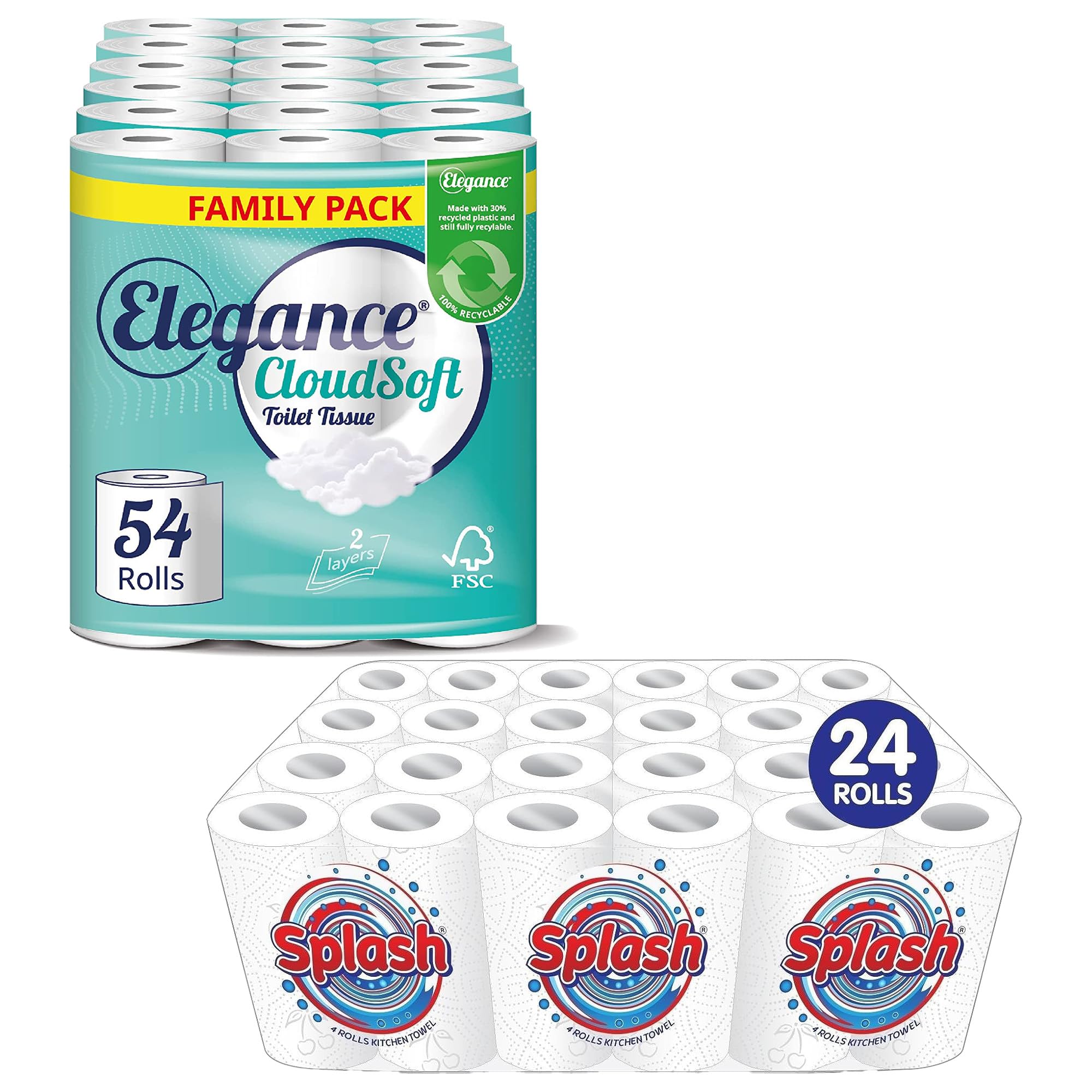 Family Pack of Elegance Cloud Soft Toilet Roll & 2-Ply Splash Kitchen Towel Paper Rolls-Kitchen Rolls & Toilet Rolls Bulk Buy-Bundle Pack of 54 Toilet Rolls & 24 Kitchen Paper Towels