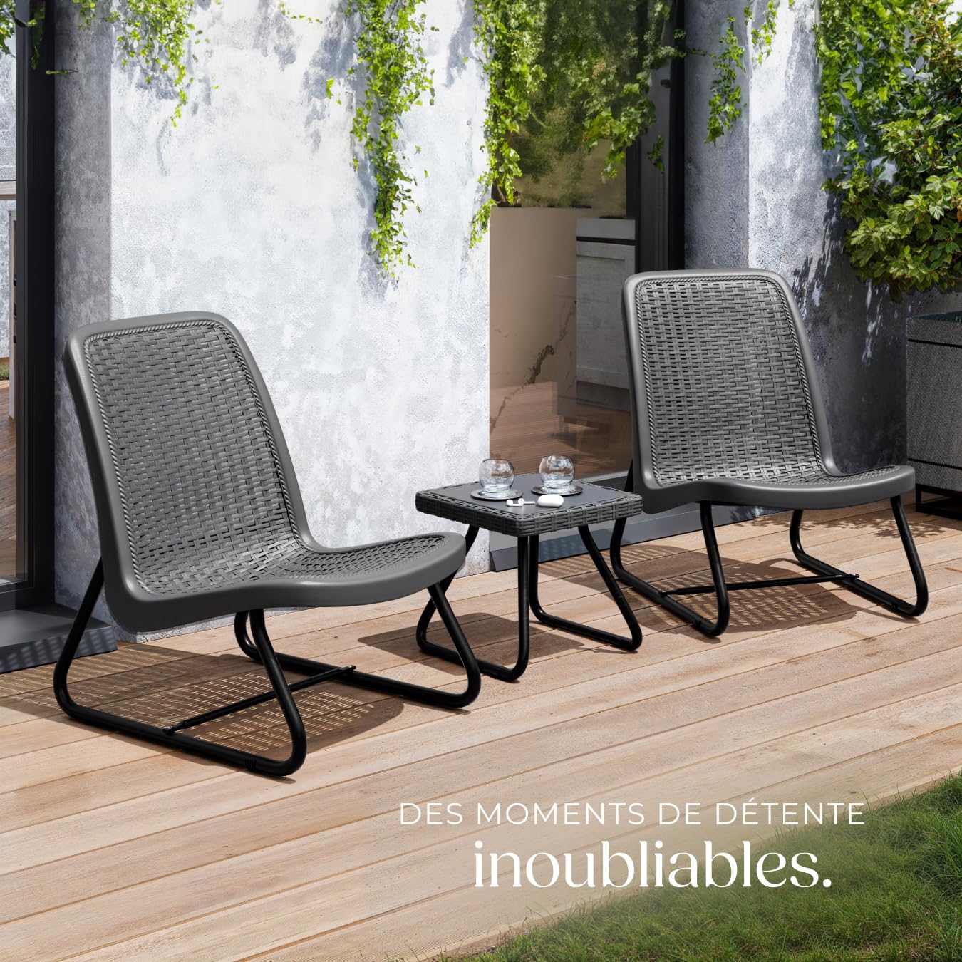 tectake® Salon de Jardin Exterieur en Poly Rotin & Acier laqué époxy 2 Personnes Ensemble Fauteuil Salon & Table de Jardin, Mobilier pour Amenagement Balcon Terrasse Veranda