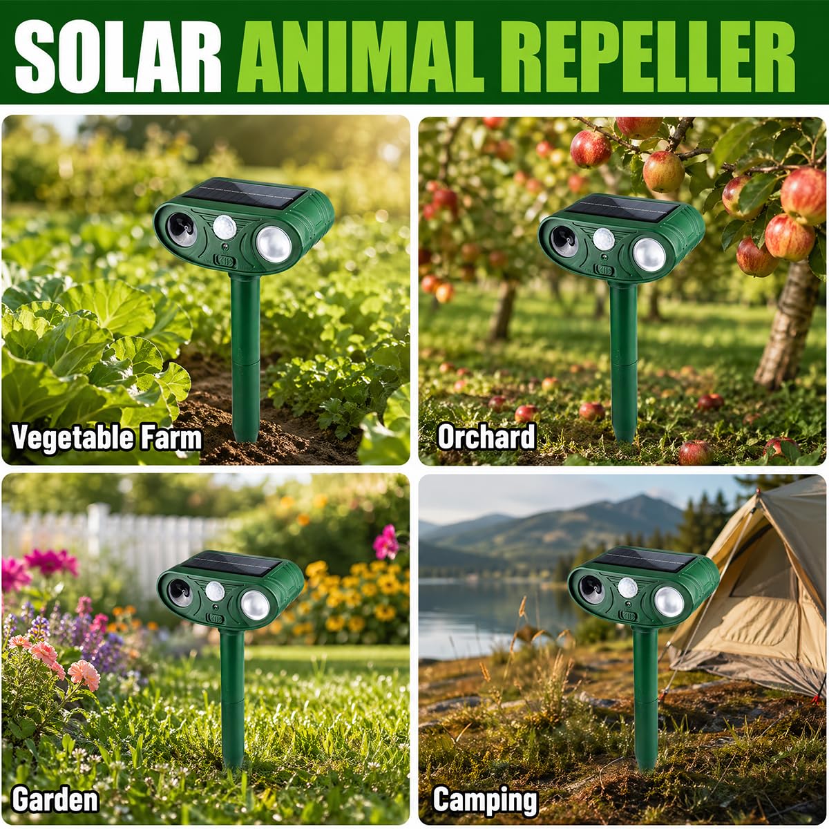 Solar Ultraschall Tiervertreiber 2 Pack, Hirschabwehrgeräte Wasserdicht, Katzenschreck Outdoor mit Bewegungserkennung Eichhörnchen Stinktier Kaninchen Hund Waschbär Abschreckungen Tiervertreiber für