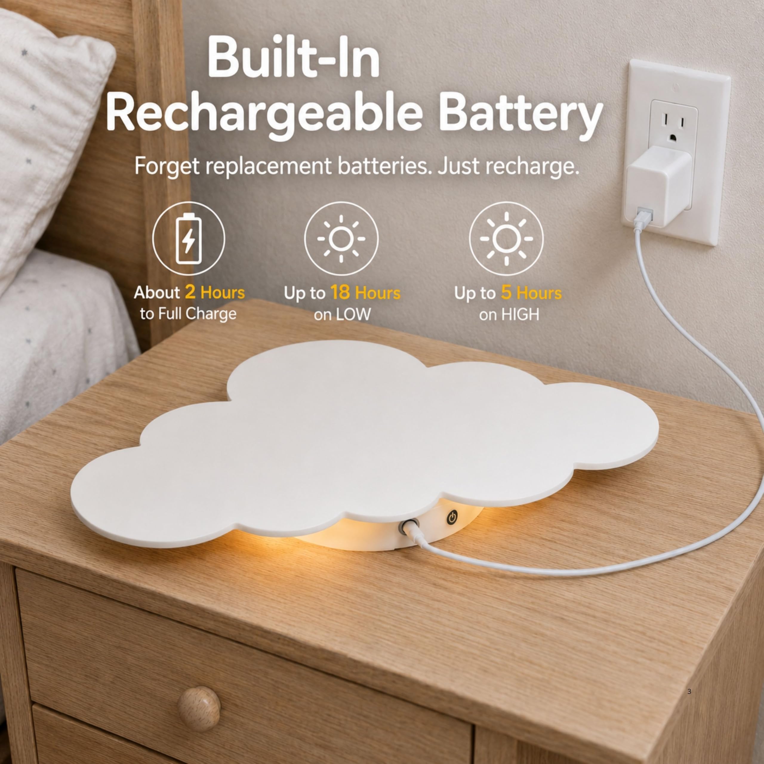 KALEOLI Lampe nuage pour chambre d'enfant - 68 étoiles - Rechargeable (sans cordon) - Décoration de chambre de bébé - Blanc, Bois