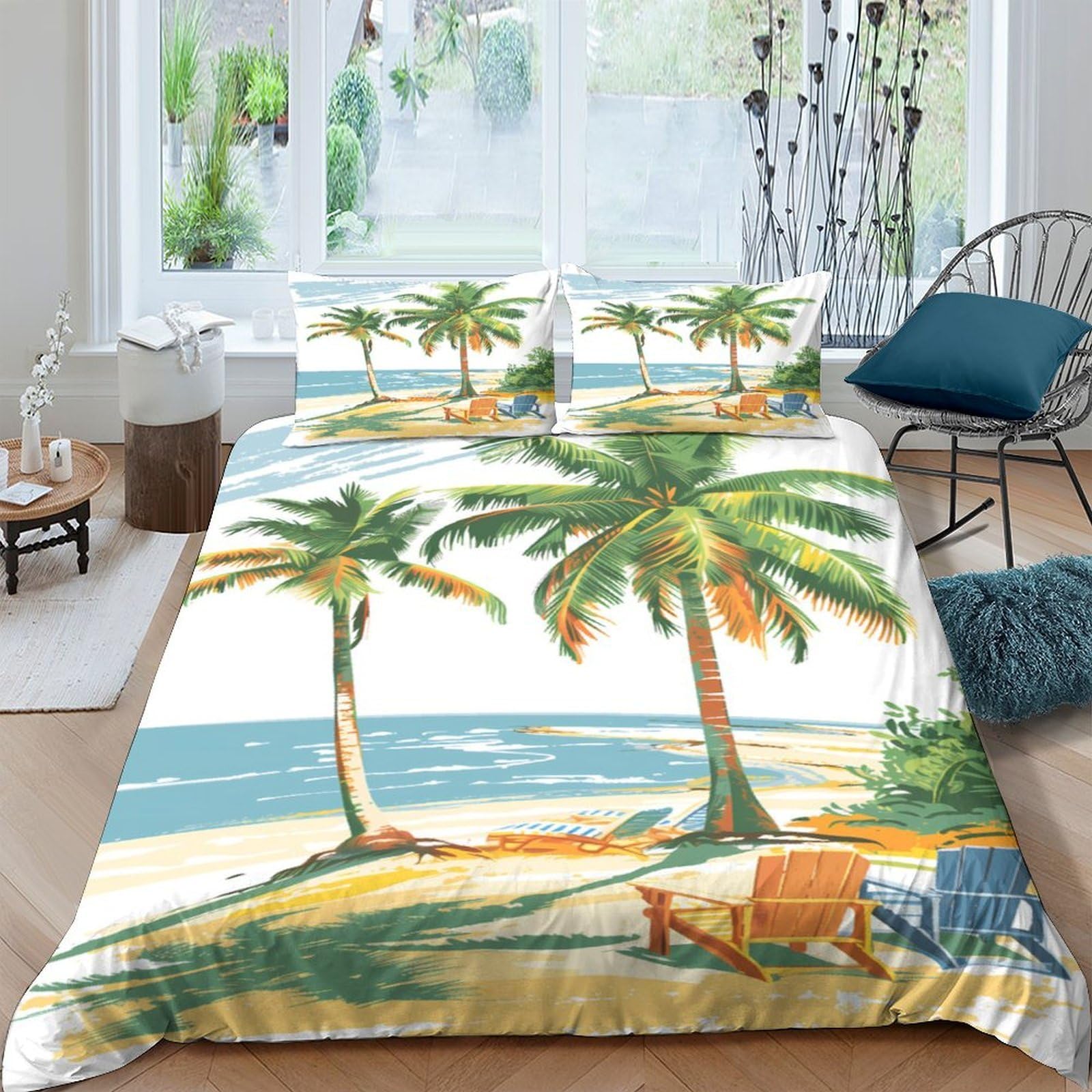 GPLZQXKJNH 3D Printed Tropical Beach Palm Duvet Cover Set Microfiber Soft Breathable Ocean Sunset Quilt Cover with 2 Pillowcases for Bedroom Decor Single（135x200cm）