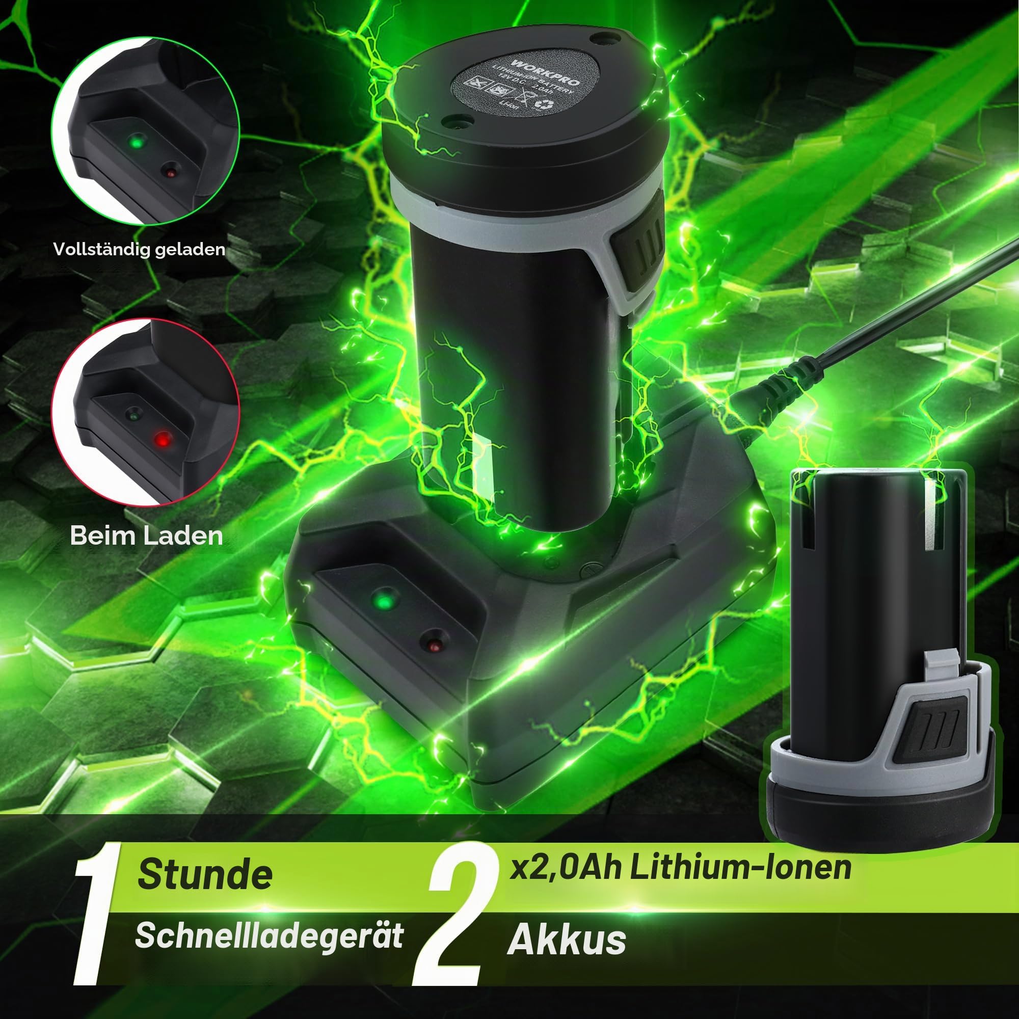 WORKPRO Akku Ratschenschlüssel 55 Nm Elektrische Ratschenschlüssel Set 12V Akku Ratsche 3/8" Kabellose Ratsche mit 2 x 2,0 Ah Akku, LED-Licht, inkl. 10 Stecknüsse, Aufbewahrungstasche, Ladegerät