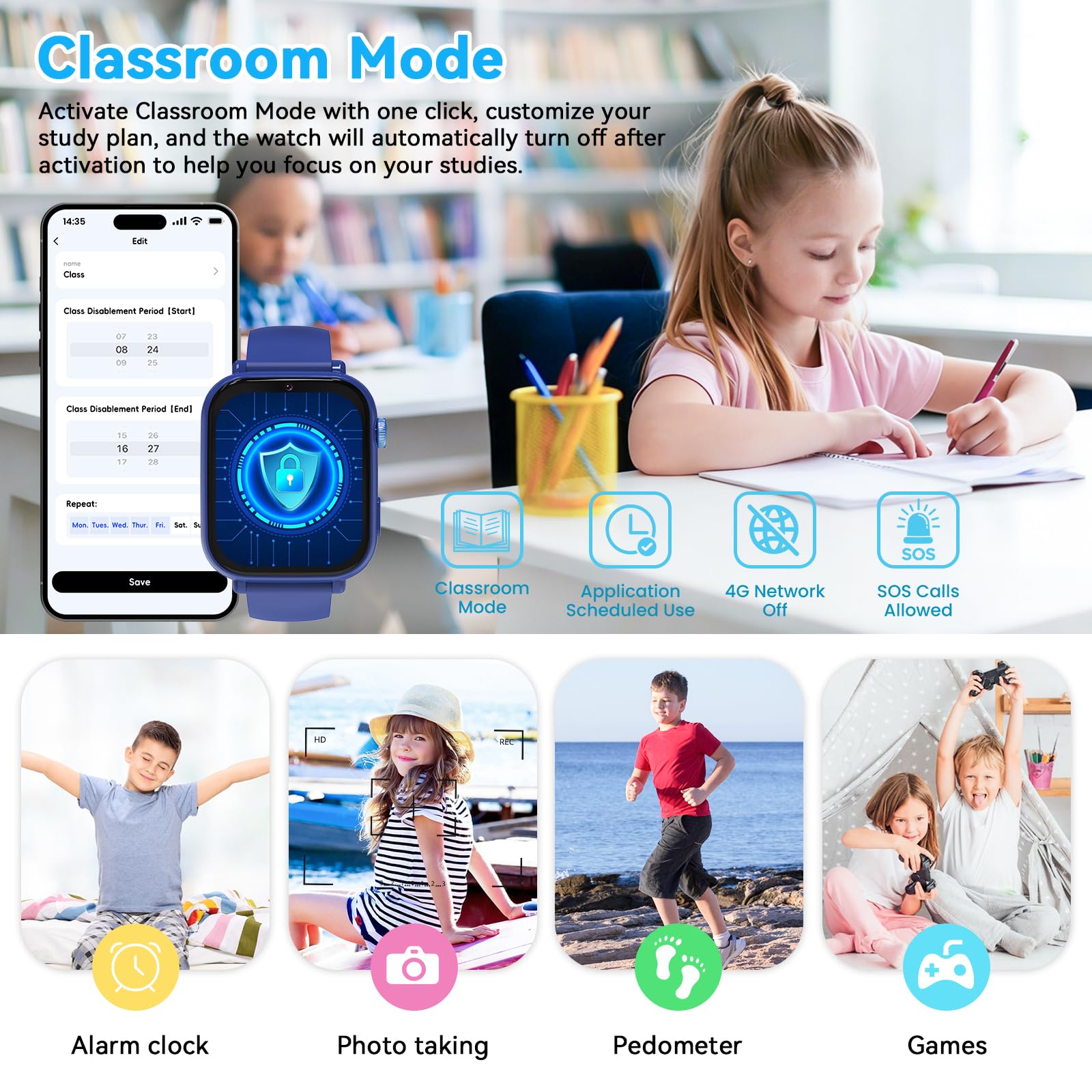 Berilona 4G Montre Connectée Enfant, GPS Smartwatch Téléphone pour Filles Garçons avec Appels/Vidéo/Chat Vocal, SOS, Mode École, Alarme, Podomètre, Jeux Smart Watch pour Enfants 4-12 Cadeau,Blue