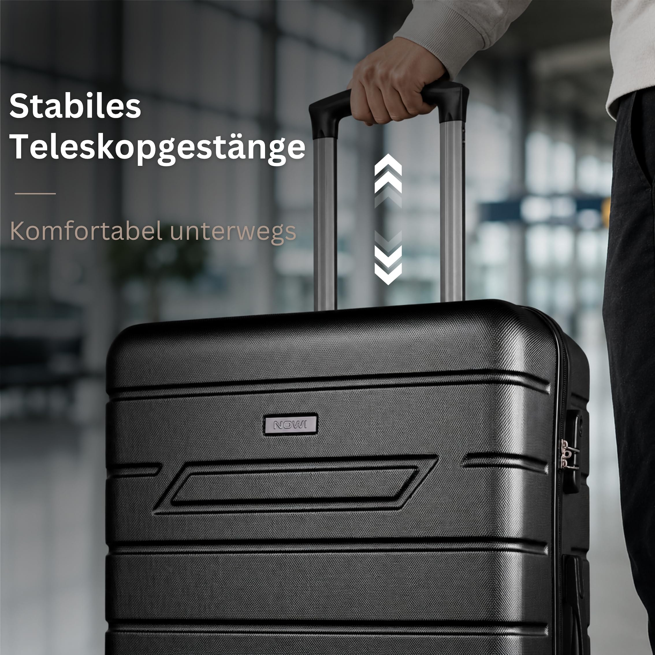 NOWI Hartschalenkoffer XL Groß - 100L Volumen - 158cm Gurtmaß - 8 Rollen 360° drehbar - Leichter Koffer mit Zahlenschloss & Teleskopgestänge - Reisekoffer mit Rollen, Trolley (schwarz, XL)